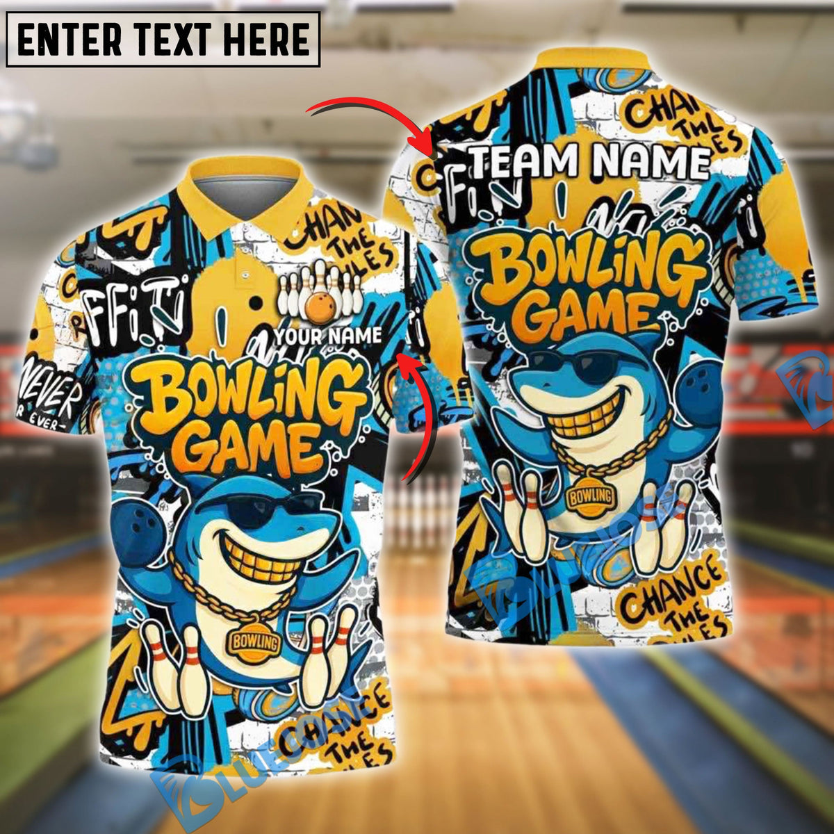 BlueJose Bowling Funny Shark Graffiti Style Customized Name, Team Name 3D Shirt (4 Colors)