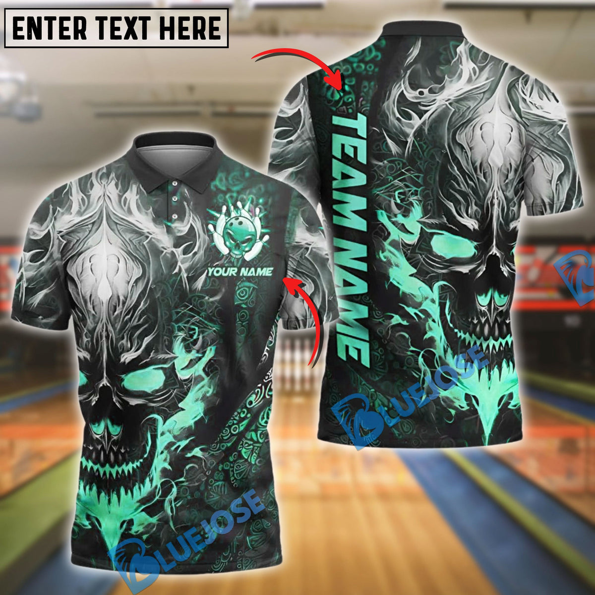 BlueJose Bowling Skull Flame Customized Name, Team Name 3D Shirt (4 Colors)