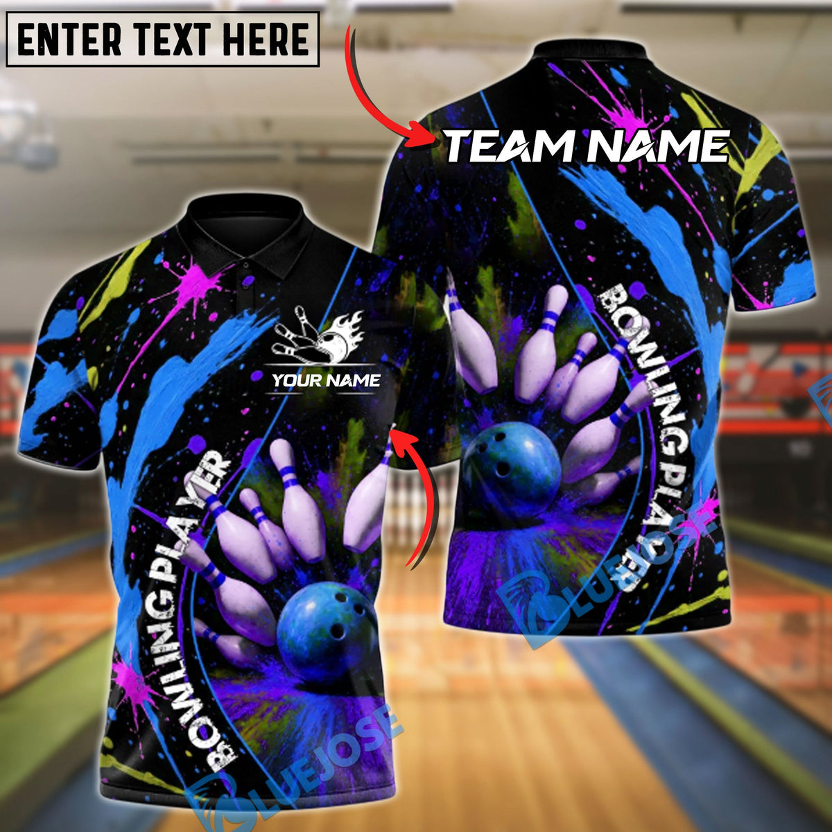 BlueJose Bowling Color Splash Strike Customized Name, Team Name 3D Shirt (4 Colors)