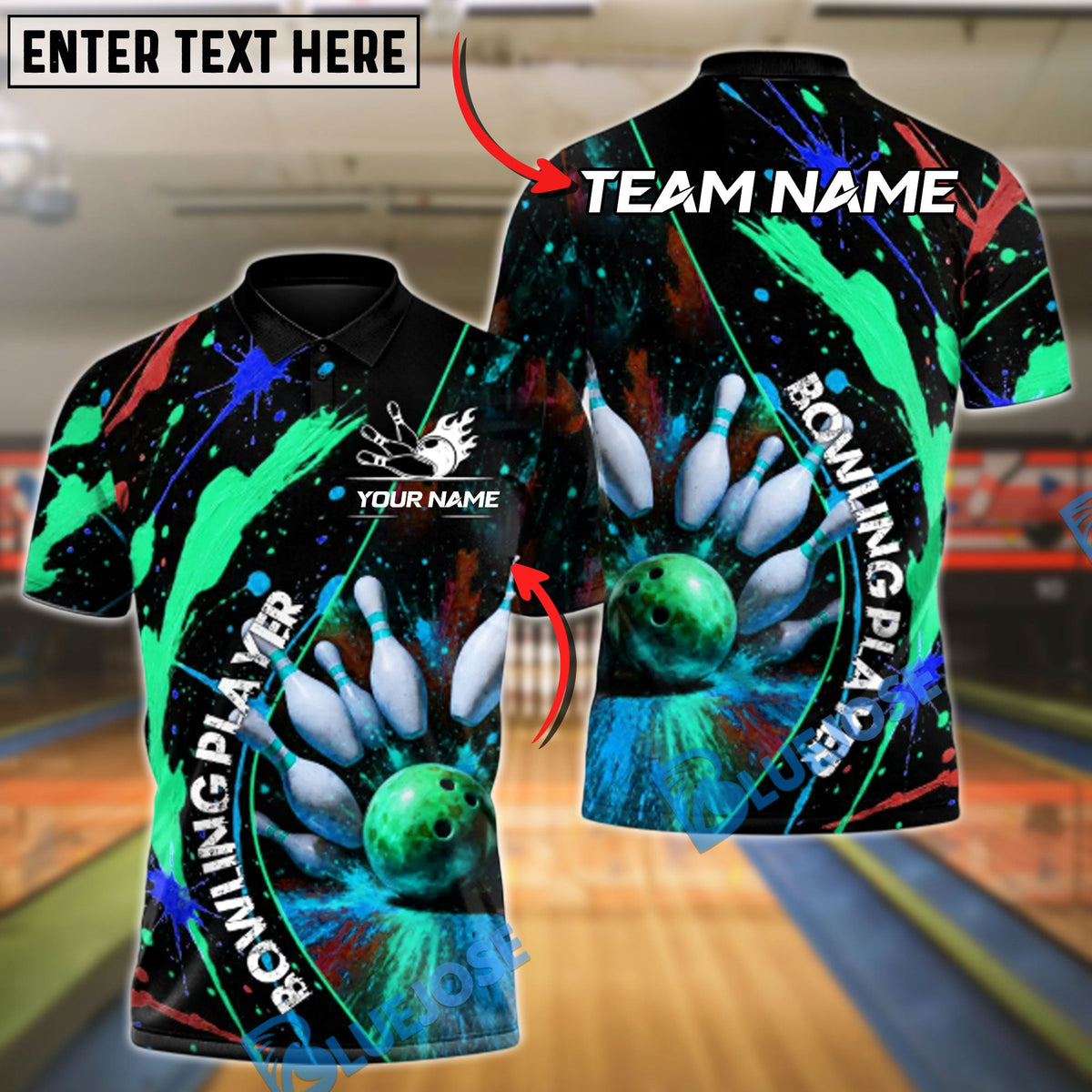 BlueJose Bowling Color Splash Strike Customized Name, Team Name 3D Shirt (4 Colors)