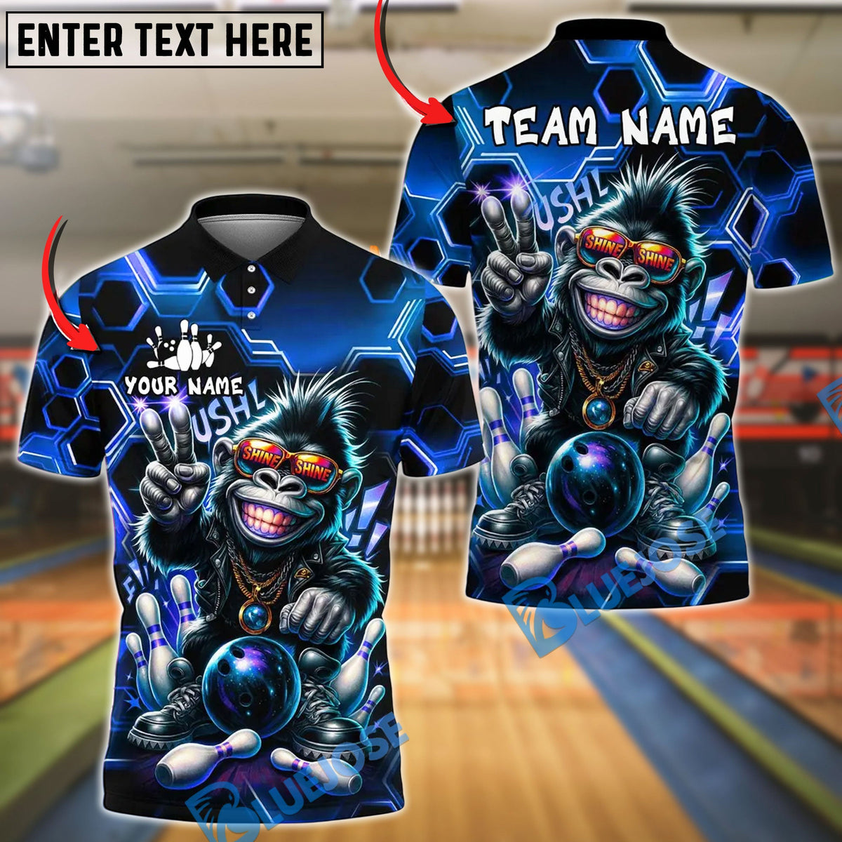 BlueJose Bowling Hiphop Gorilla Design Customized Name, Team Name 3D Shirt (4 Colors)