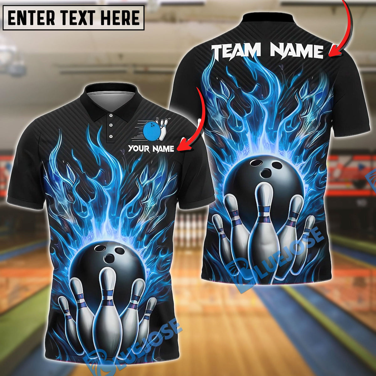 BlueJose Bowling Fireball Design Customized Name, Team Name 3D Shirt (4 Colors)