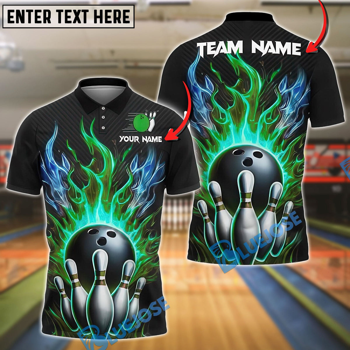 BlueJose Bowling Fireball Design Customized Name, Team Name 3D Shirt (4 Colors)