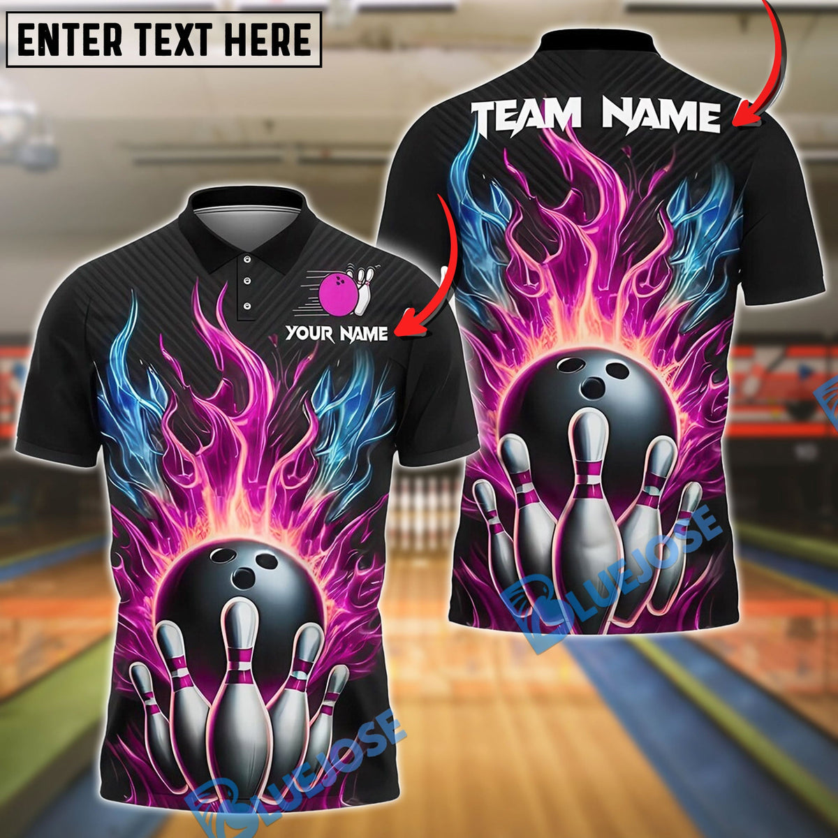 BlueJose Bowling Fireball Design Customized Name, Team Name 3D Shirt (4 Colors)