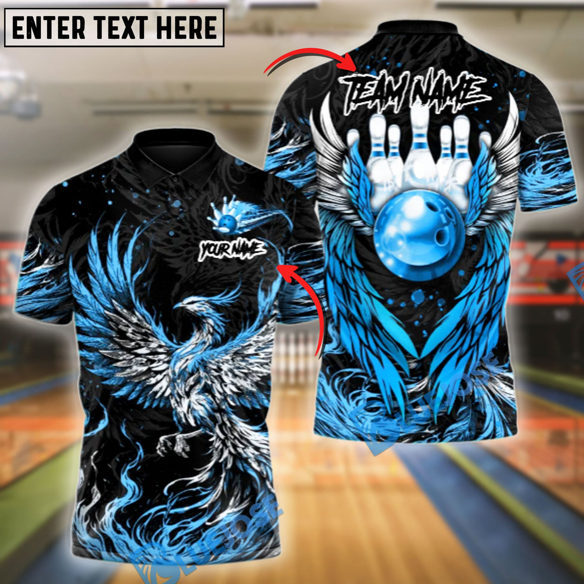 BlueJose Bowling And Pins Fire Phoenix Wings Customized Name, Team Name 3D Shirt (4 Colors)