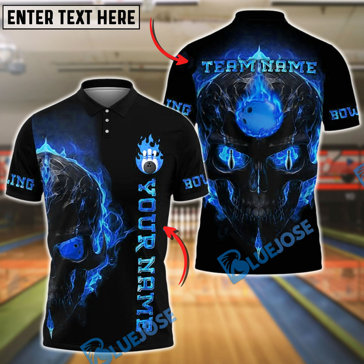 BlueJose Bowling And Pins Flame Skull Light Pattern Customized Name, Team Name 3D Shirt (4 Colors)