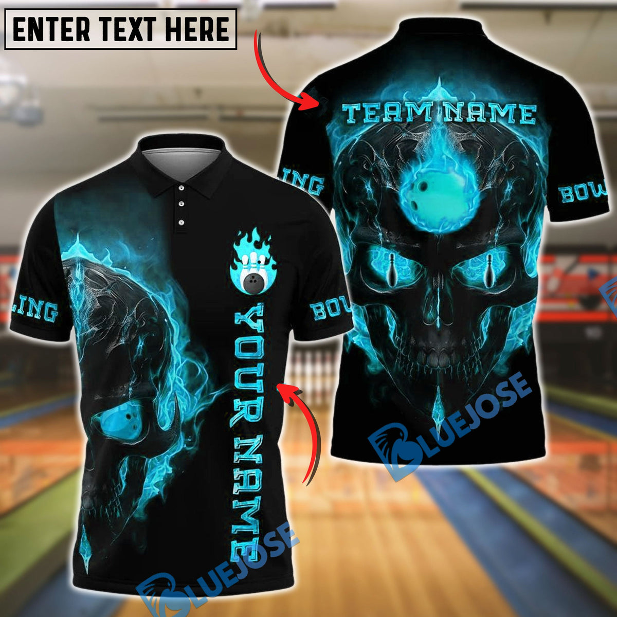 BlueJose Bowling And Pins Flame Skull Light Pattern Customized Name, Team Name 3D Shirt (4 Colors)