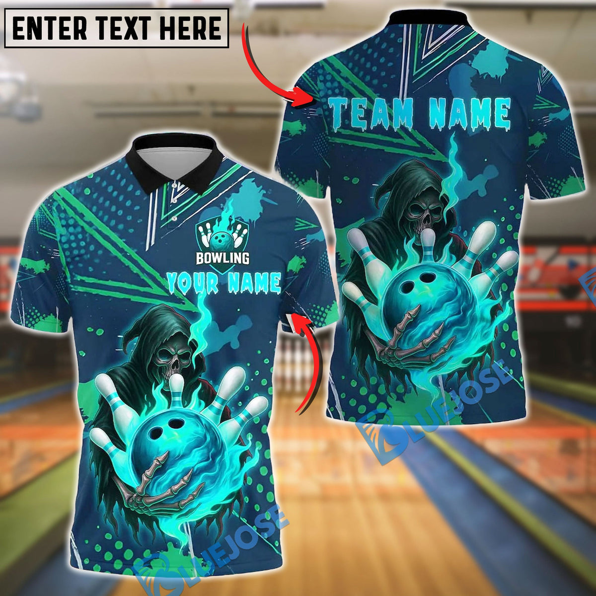 BlueJose Bowling And Pins Grim Reaper Skull Customized Name, Team Name 3D Shirt (4 Colors)
