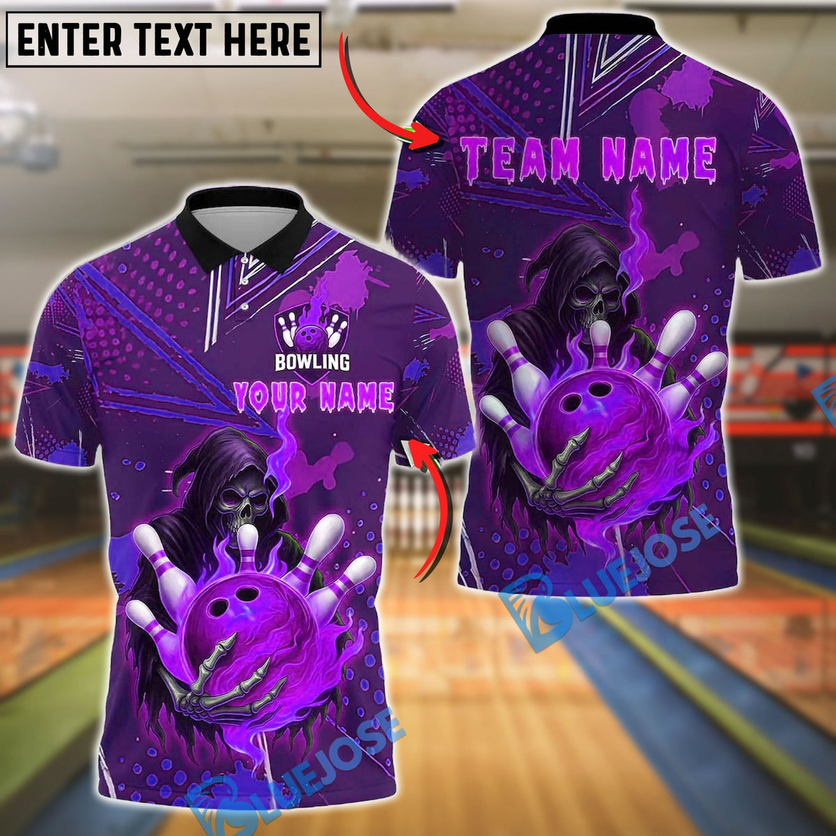 BlueJose Bowling And Pins Grim Reaper Skull Customized Name, Team Name 3D Shirt (4 Colors)