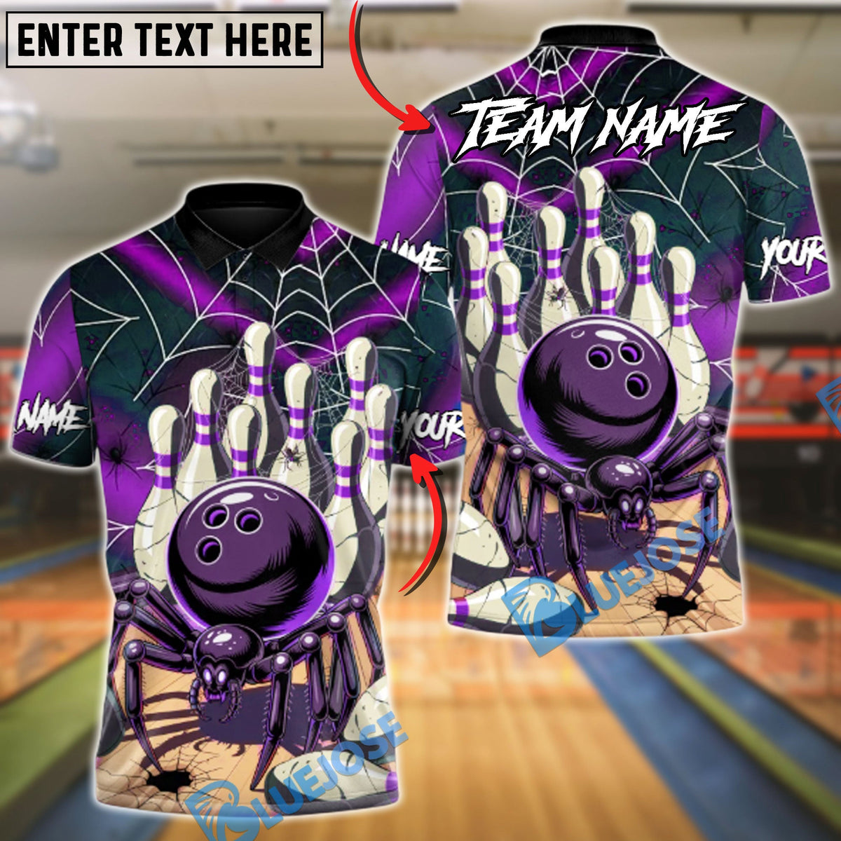 BlueJose Bowling & Pins Spider Strike Customized Name, Team Name 3D Shirt (4 Colors)