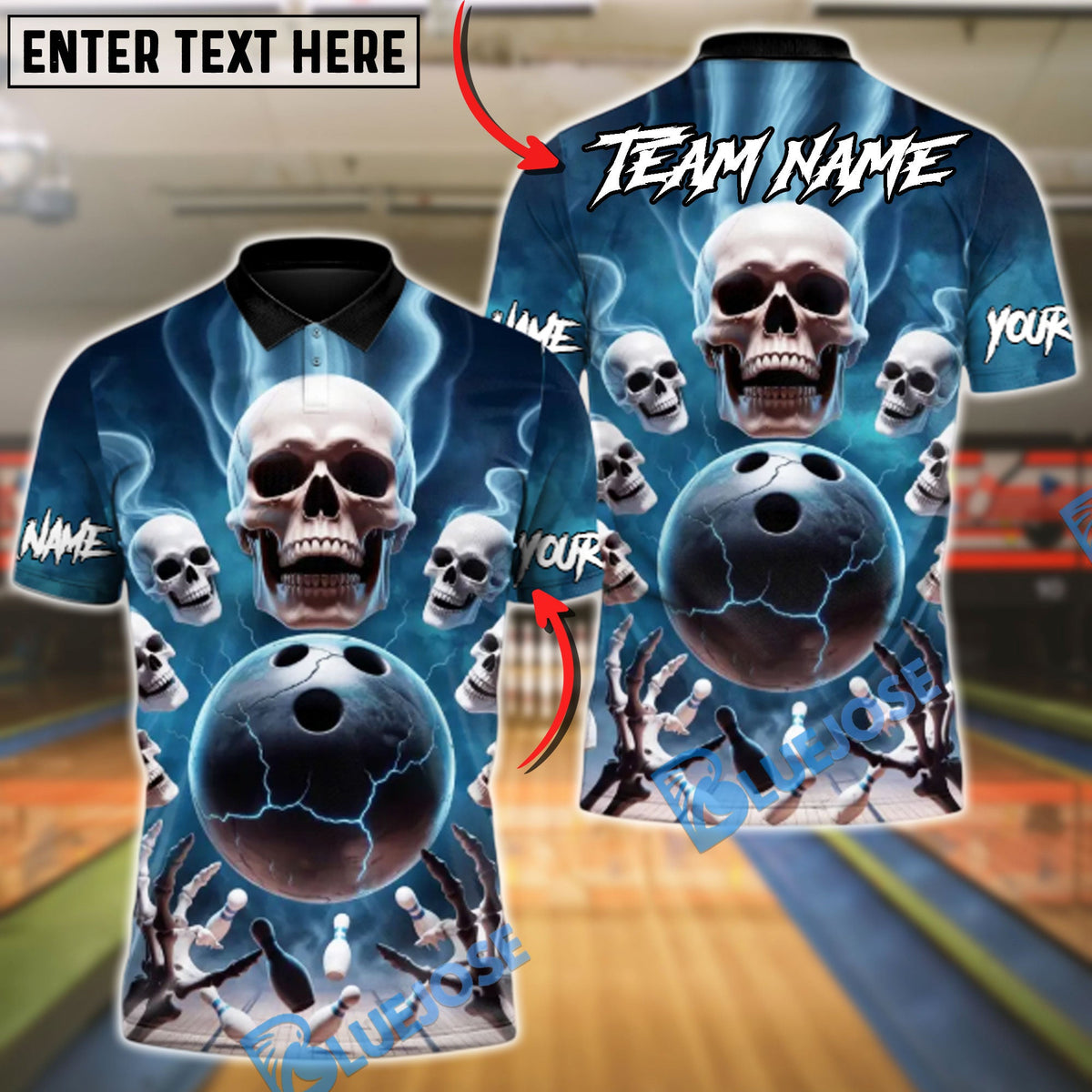 BlueJose Bowling & Pins Skull Force Attack Customized Name, Team Name 3D Shirt (4 Colors)