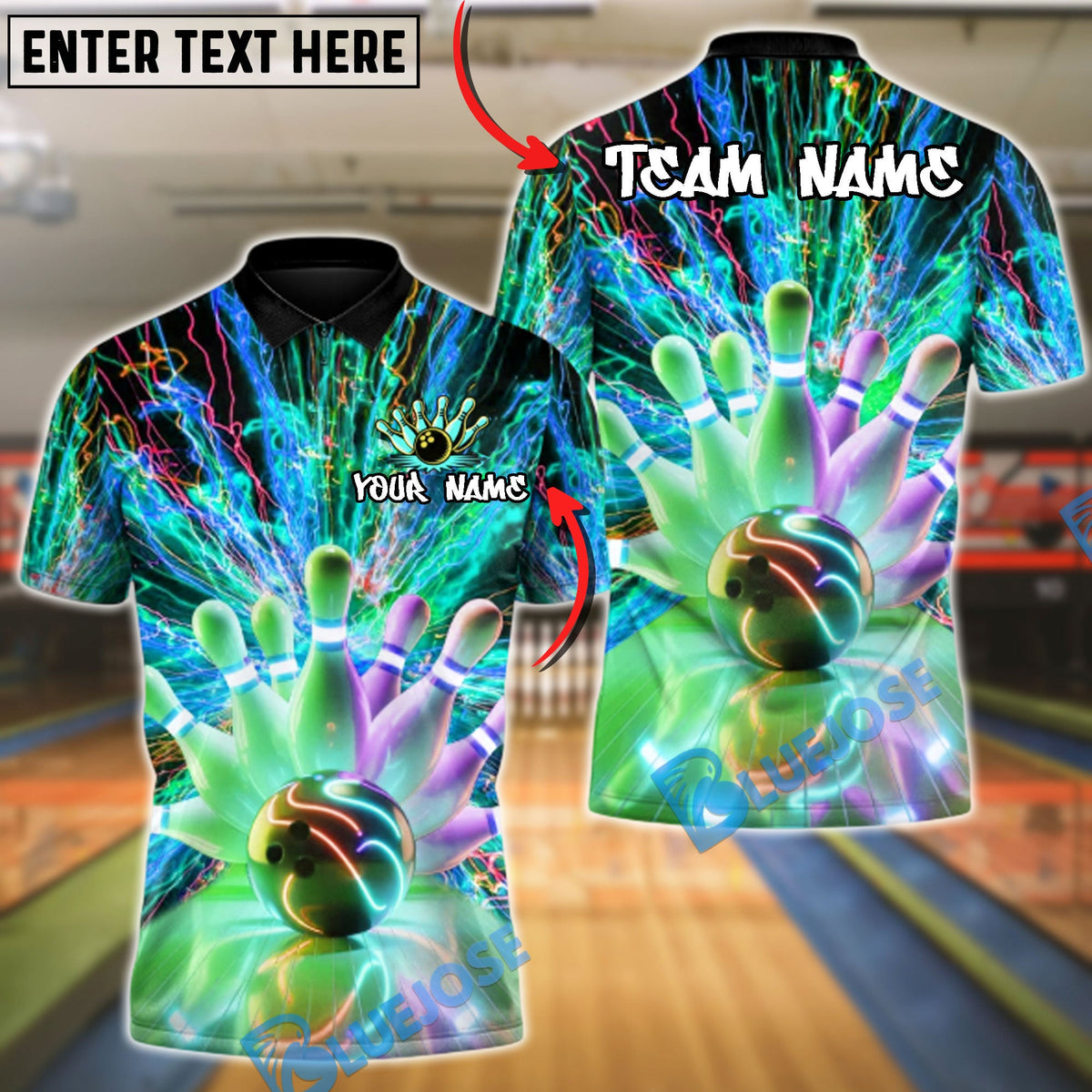 BlueJose Bowling & Pins Neon Thunder Warrior Customized Name, Team Name 3D Shirt (4 Colors)