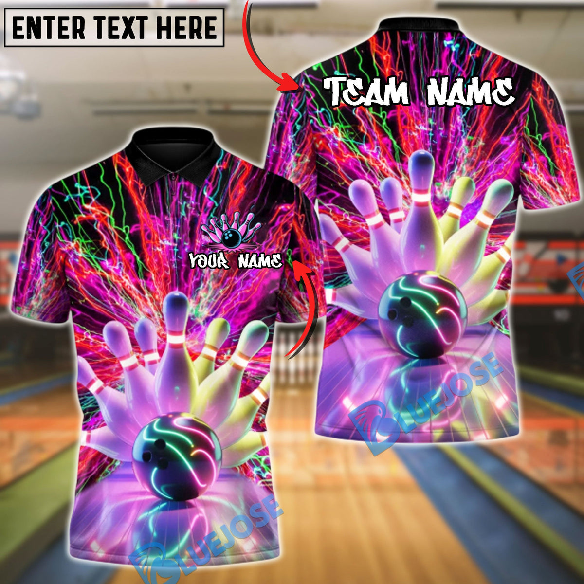 BlueJose Bowling & Pins Neon Thunder Warrior Customized Name, Team Name 3D Shirt (4 Colors)