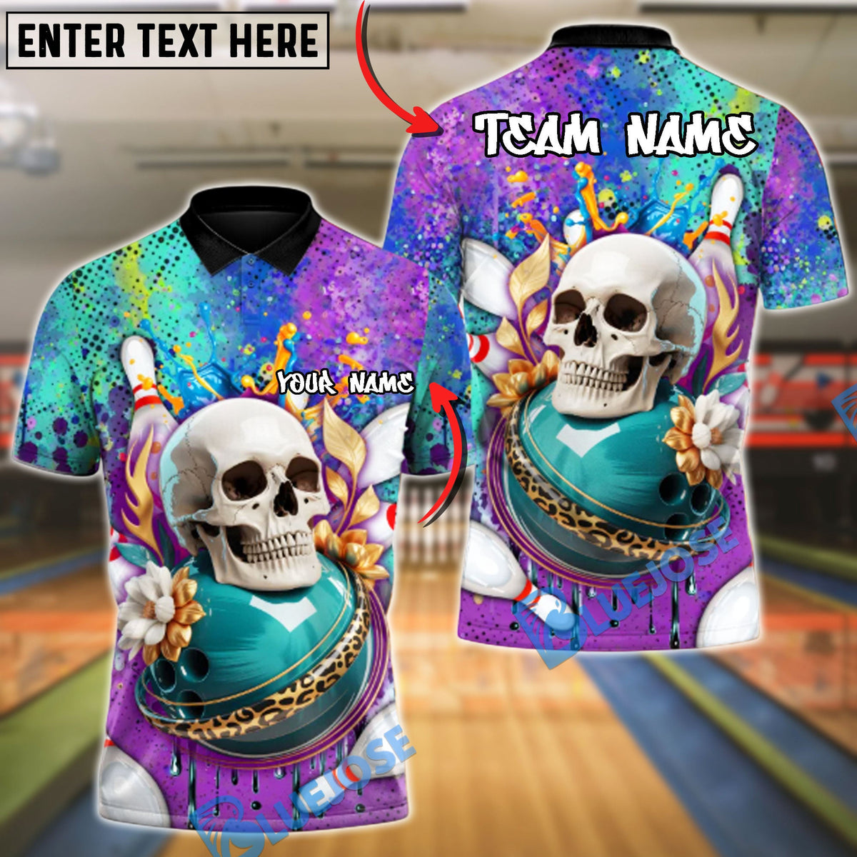 BlueJose Bowling & Pins Skull Splash Strike Customized Name, Team Name 3D Shirt (4 Colors)