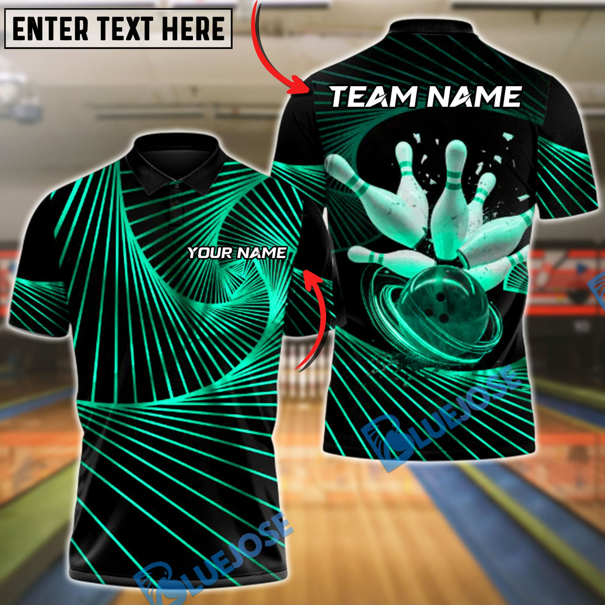 BlueJose Bowling & Pins Golden Energy Customized Name, Team Name 3D Shirt (6 Colors)