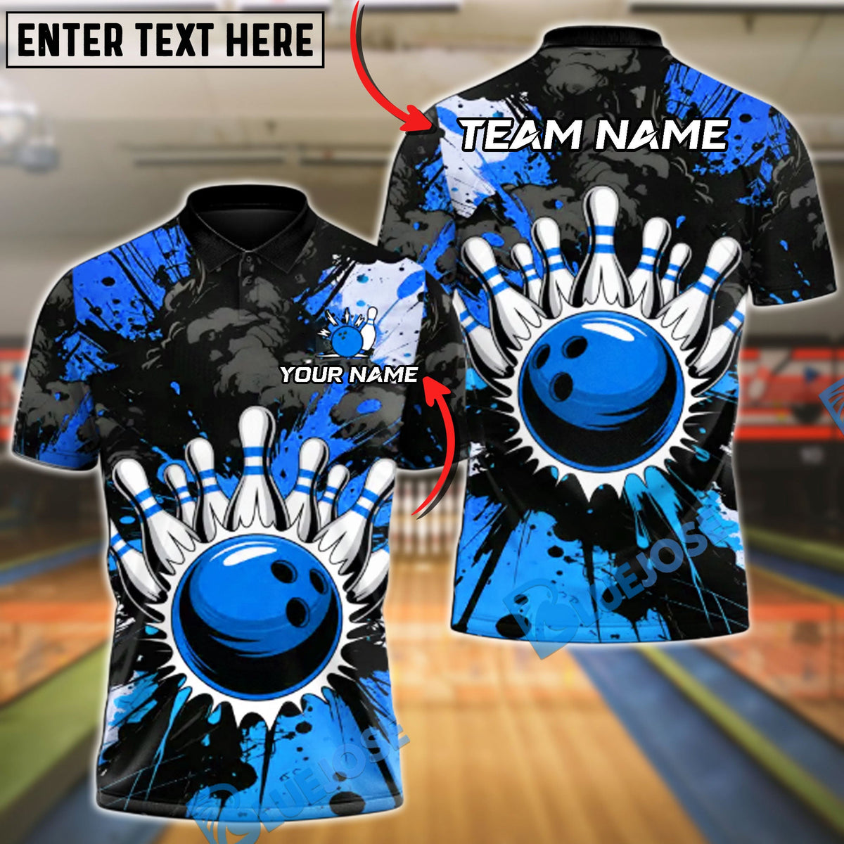 BlueJose Bowling & Pins Storm Splash Customized Name, Team Name 3D Shirt (4 Colors)