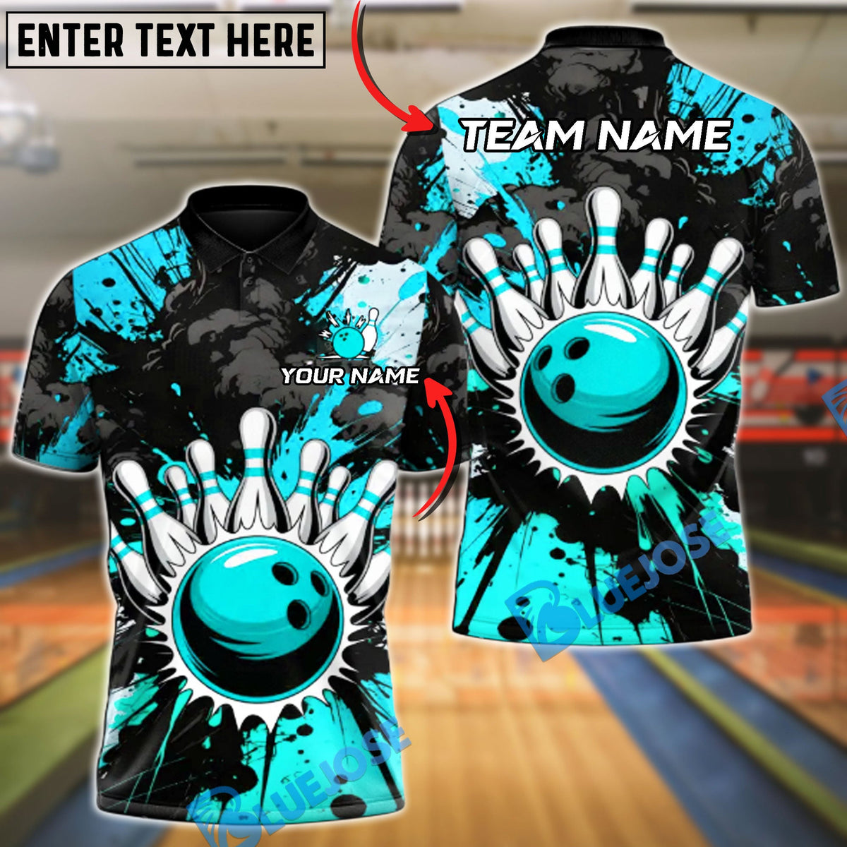 BlueJose Bowling & Pins Storm Splash Customized Name, Team Name 3D Shirt (4 Colors)