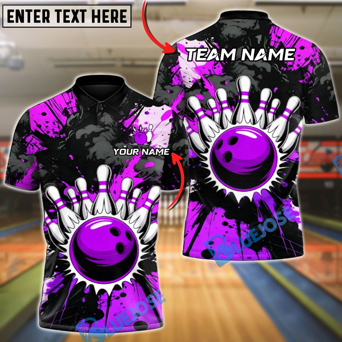 BlueJose Bowling & Pins Storm Splash Customized Name, Team Name 3D Shirt (4 Colors)
