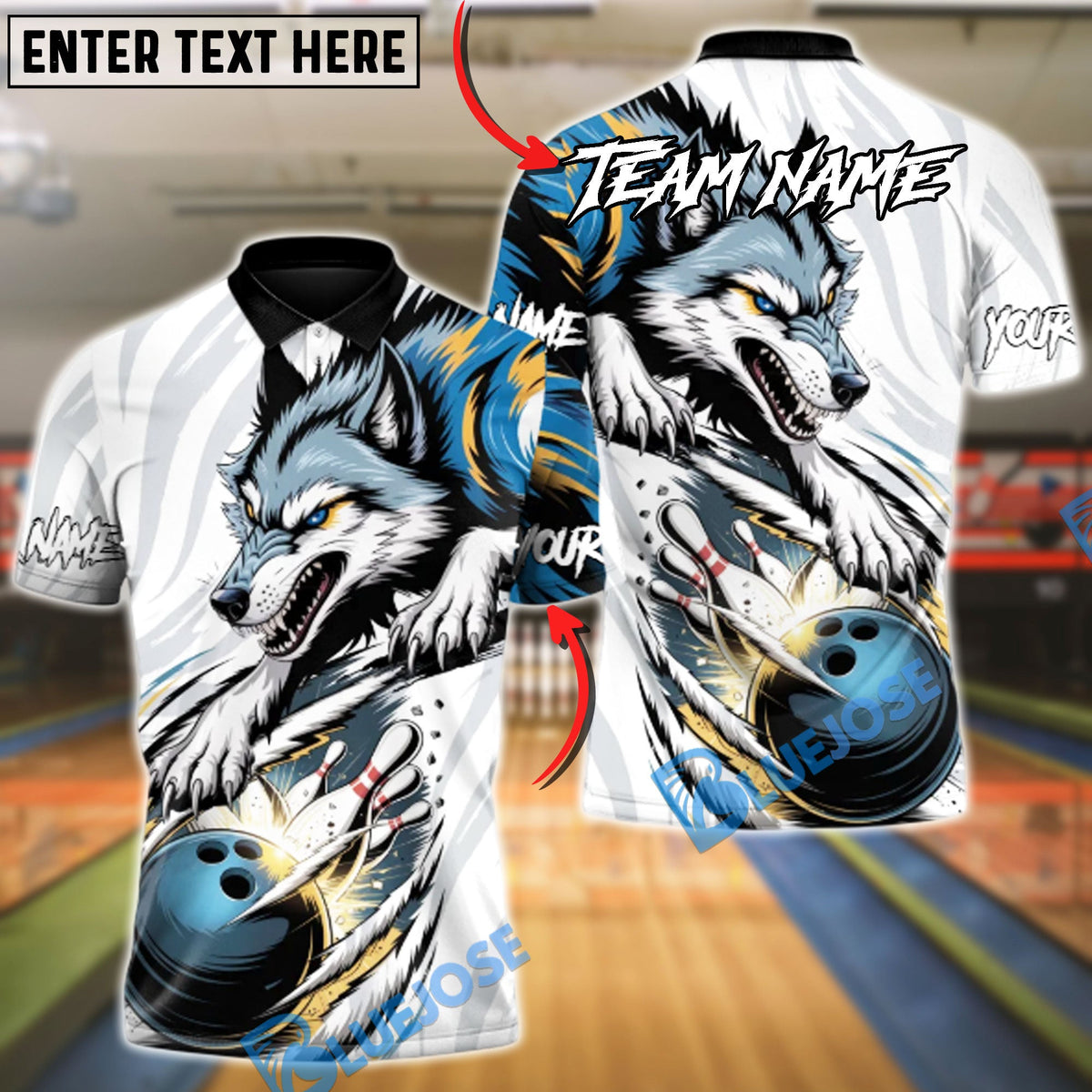 BlueJose Bowling & Pins Alpha Wolf Strike Customized Name, Team Name 3D Shirt (4 Colors)