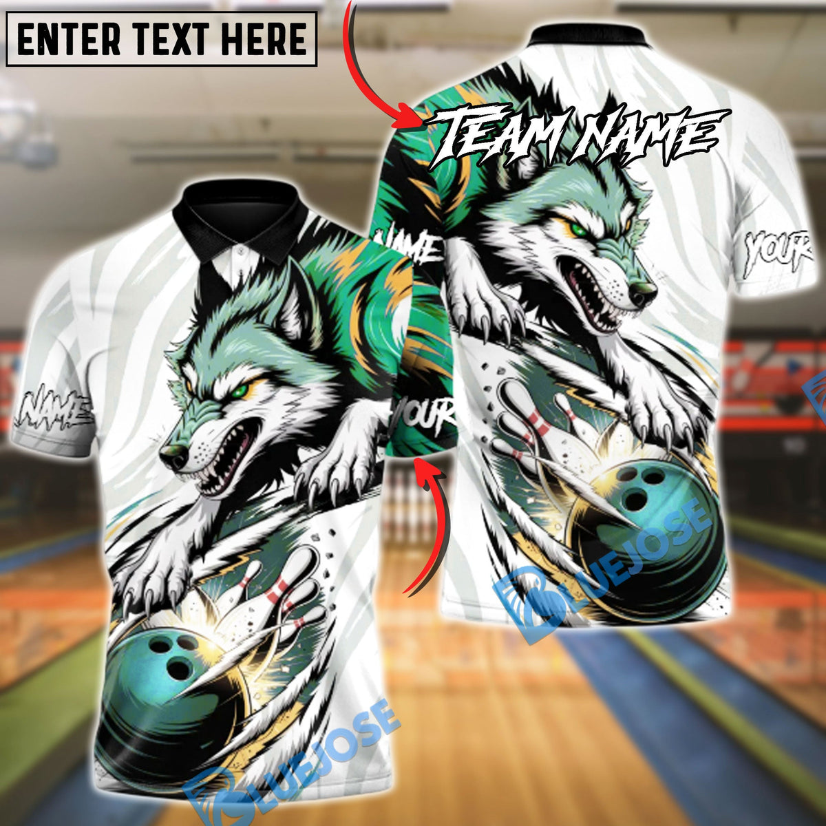 BlueJose Bowling & Pins Alpha Wolf Strike Customized Name, Team Name 3D Shirt (4 Colors)