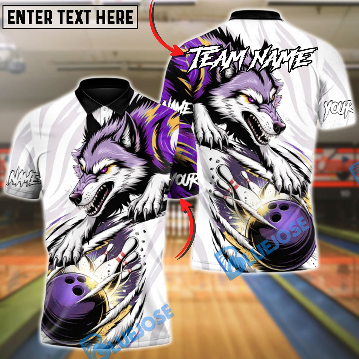 BlueJose Bowling & Pins Alpha Wolf Strike Customized Name, Team Name 3D Shirt (4 Colors)