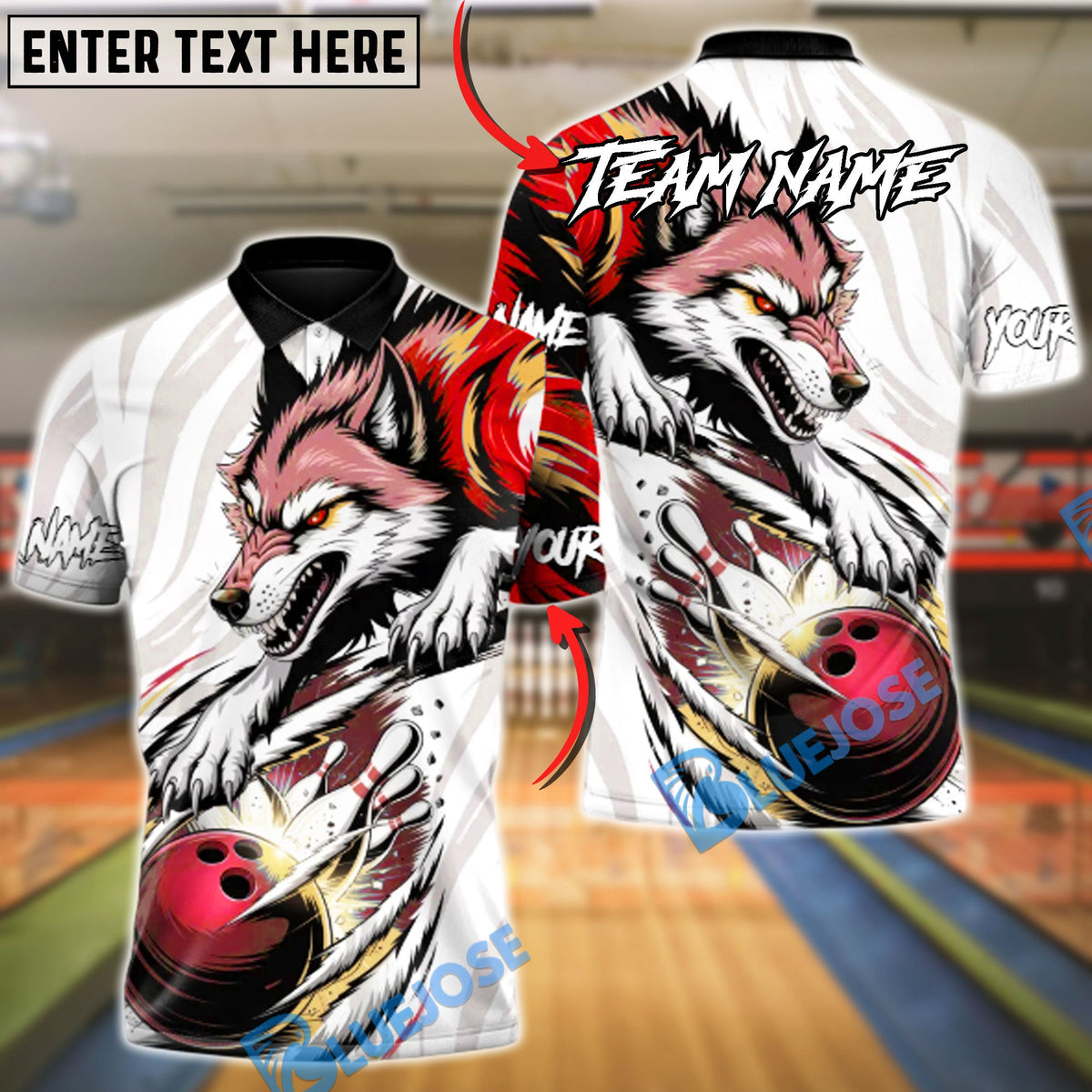 BlueJose Bowling & Pins Alpha Wolf Strike Customized Name, Team Name 3D Shirt (4 Colors)