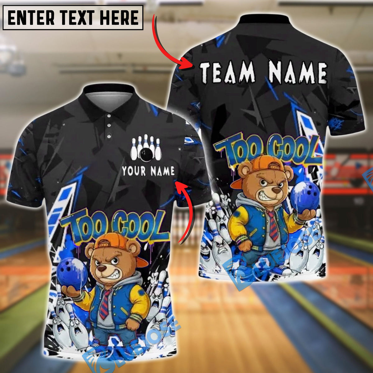 BlueJose Bowling And Pins Too Cool Bear Cartoon Graffiti Customized Name, Team Name 3D Shirt (4 Colors)