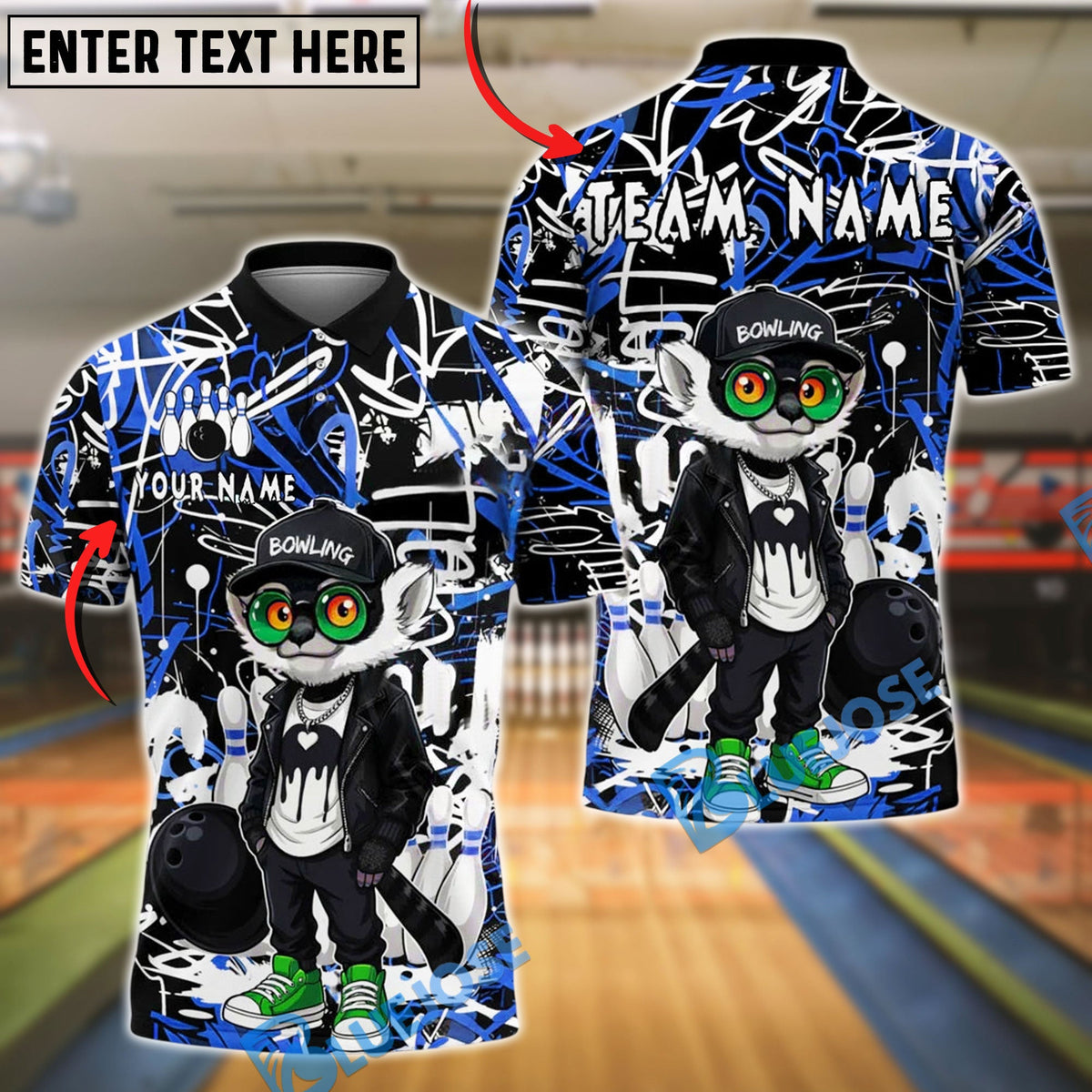 BlueJose Bowling And Pins Lemur Graffiti Leather Jacket Customized Name, Team Name 3D Shirt (4 Colors)