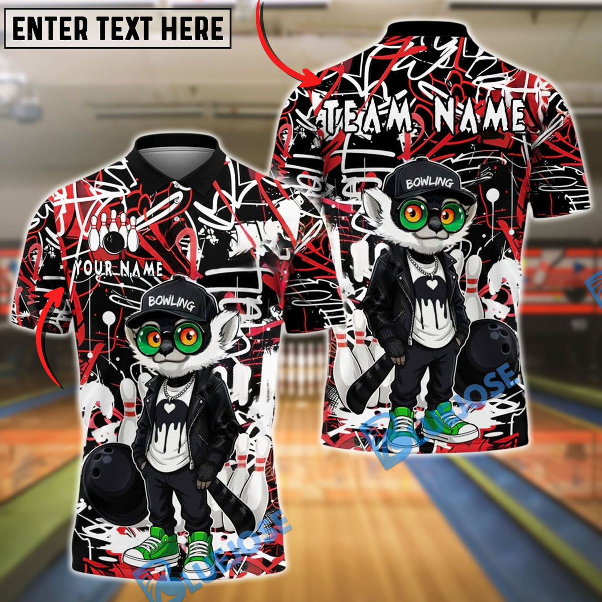 BlueJose Bowling And Pins Lemur Graffiti Leather Jacket Customized Name, Team Name 3D Shirt (4 Colors)