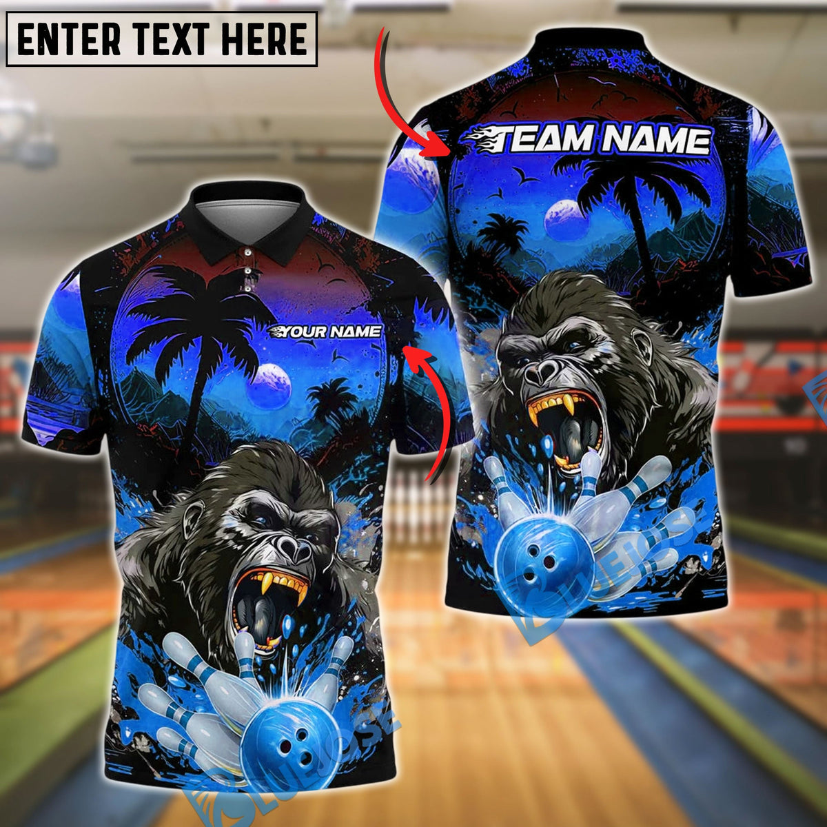 BlueJose Bowling And Pins Gorilla Strike Customized Name, Team Name 3D Shirt (4 Colors)