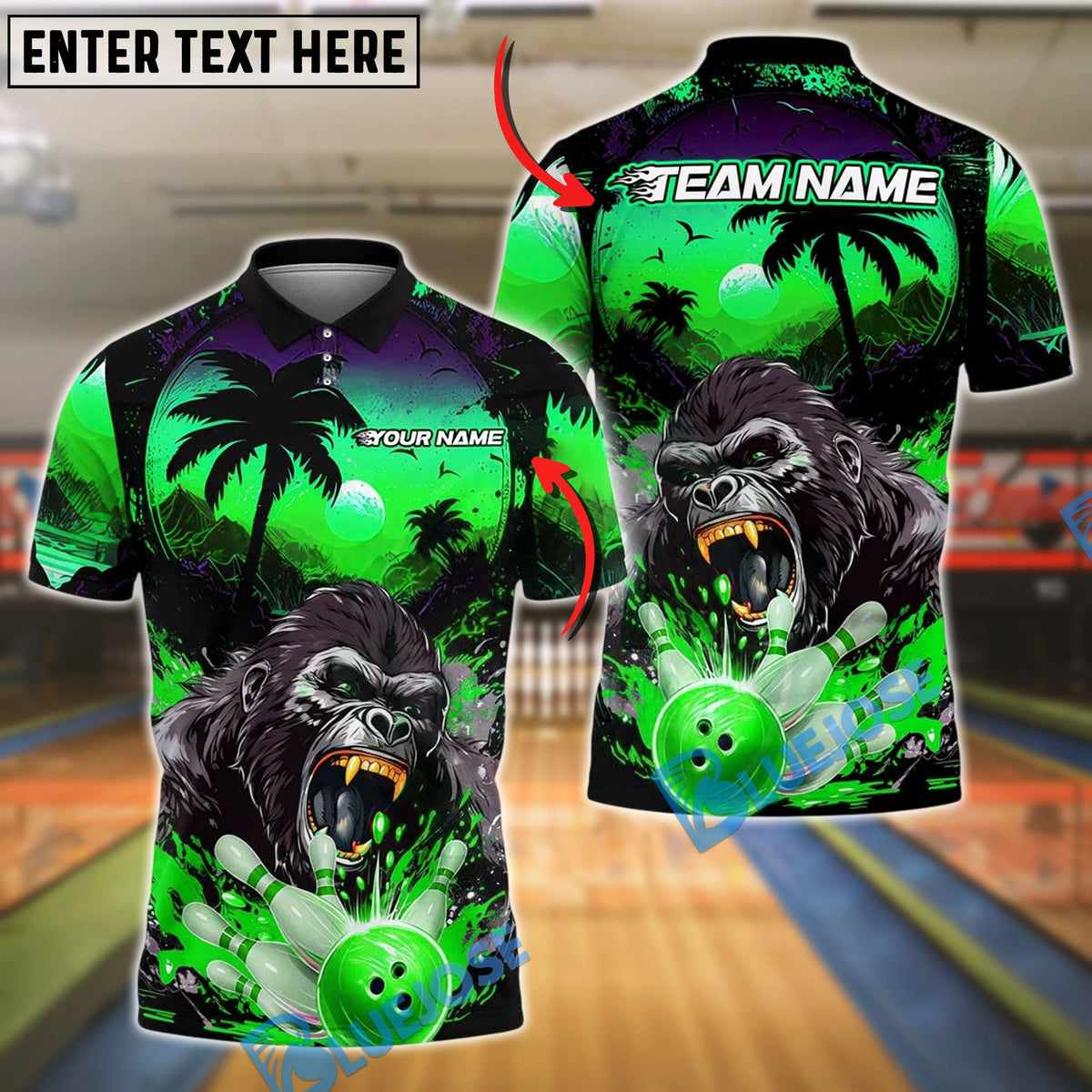 BlueJose Bowling And Pins Gorilla Strike Customized Name, Team Name 3D Shirt (4 Colors)
