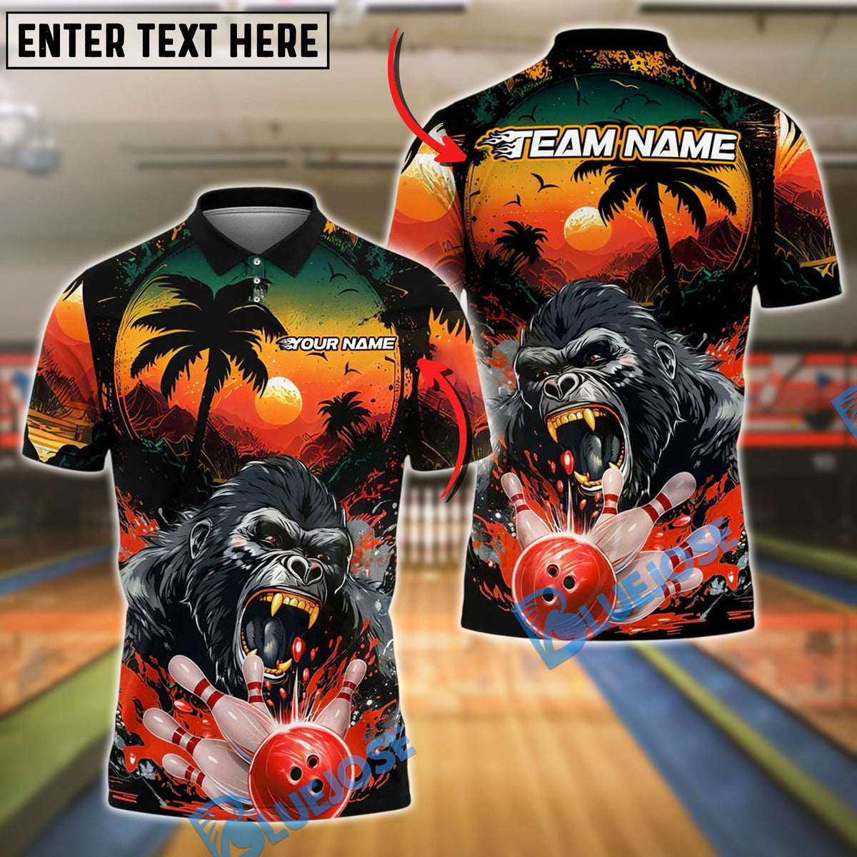 BlueJose Bowling And Pins Gorilla Strike Customized Name, Team Name 3D Shirt (4 Colors)