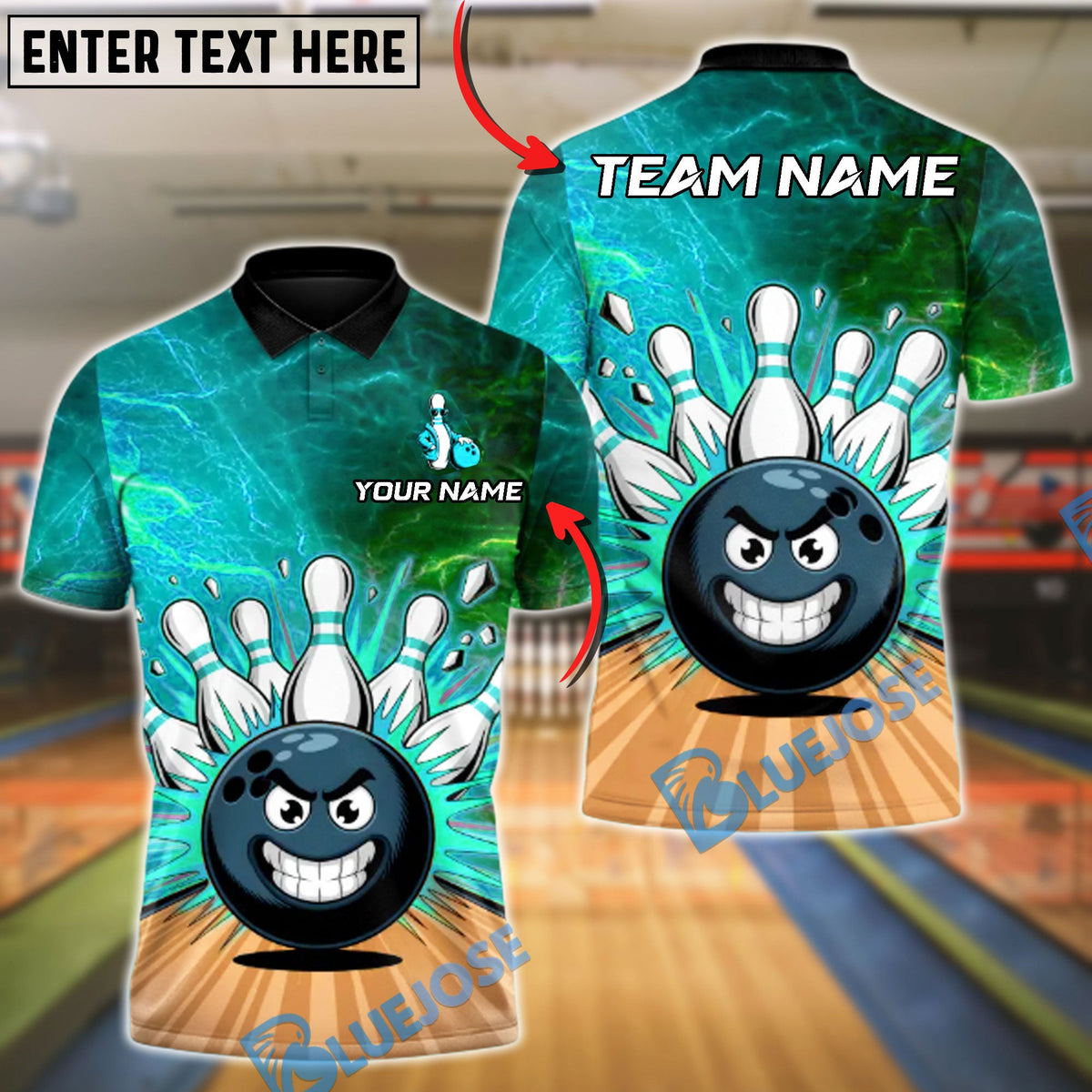 BlueJose Bowling & Pins Raging Rollers Customized Name, Team Name 3D Shirt (4 Colors)
