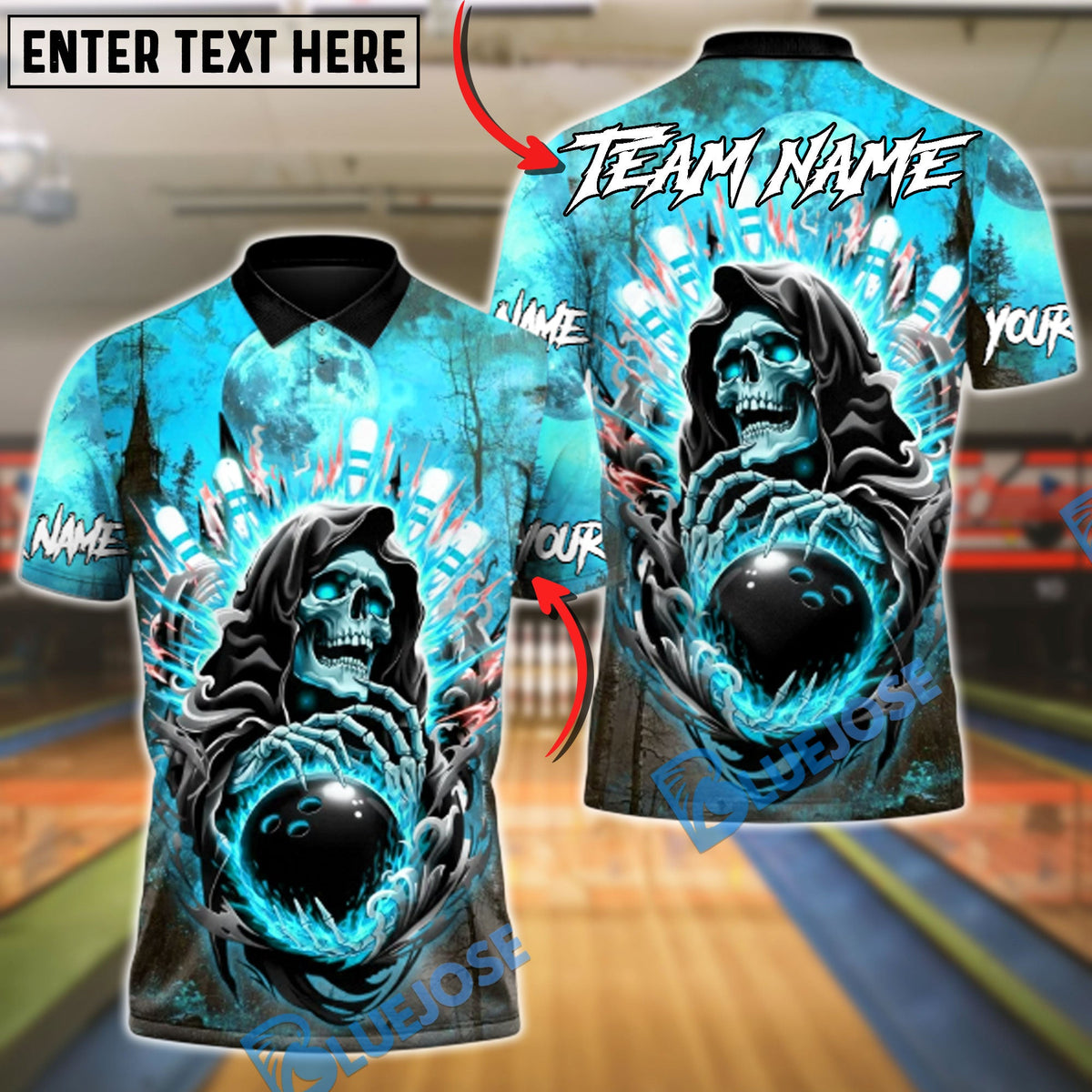 BlueJose Bowling & Pins Reaper Flame Moon Strike Customized Name, Team Name 3D Shirt (4 Colors)