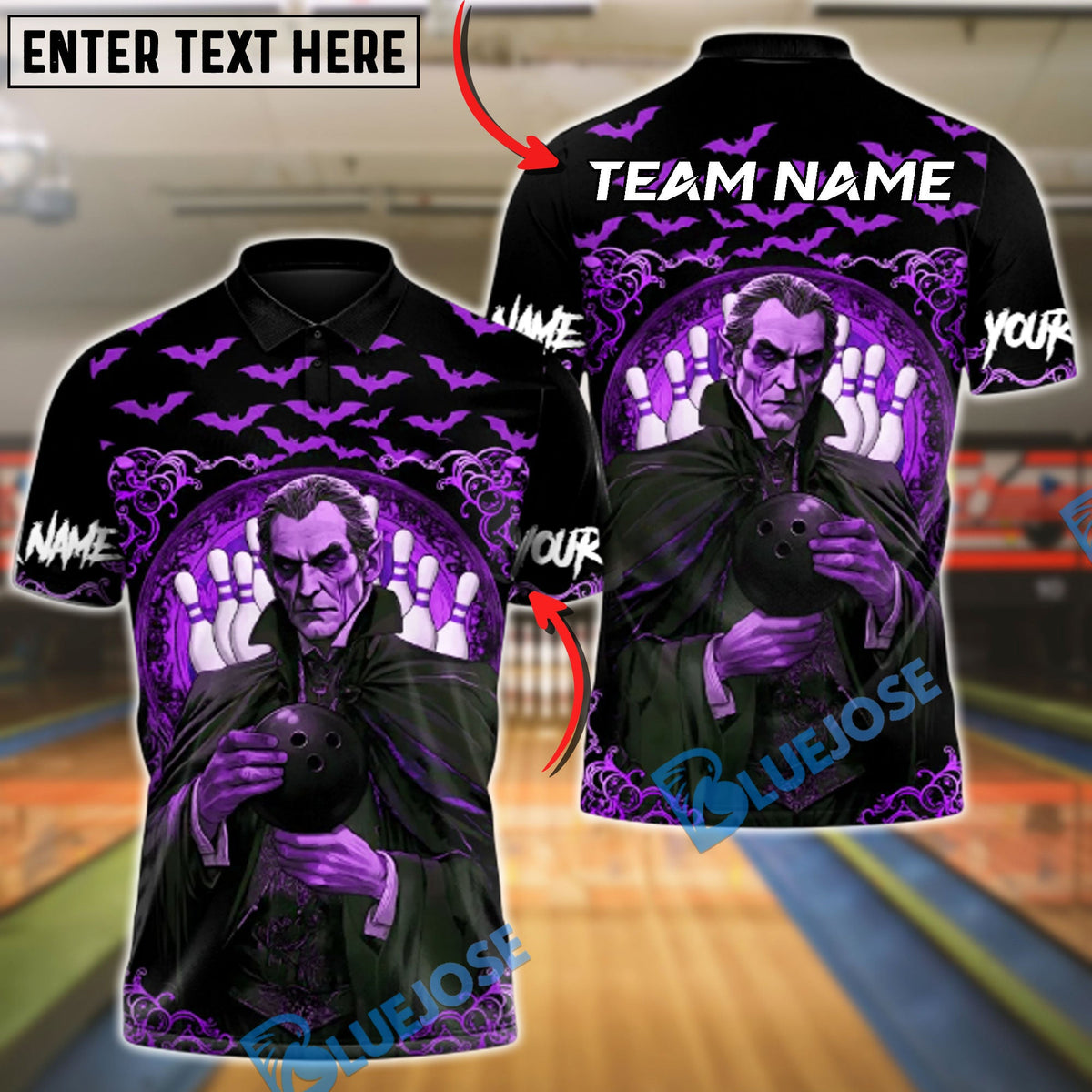 BlueJose Bowling & Pins Dracula Night Strike Customized Name, Team Name 3D Shirt (4 Colors)