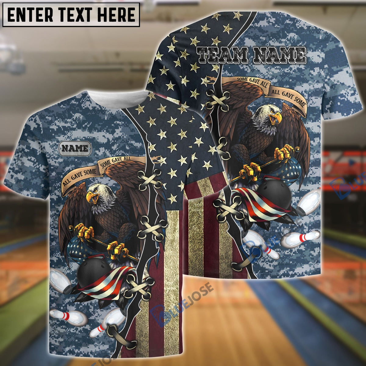 BlueJose Bowling And Pins Eagles Army Multicolor Customized Name 3D Shirt (4 Colors)