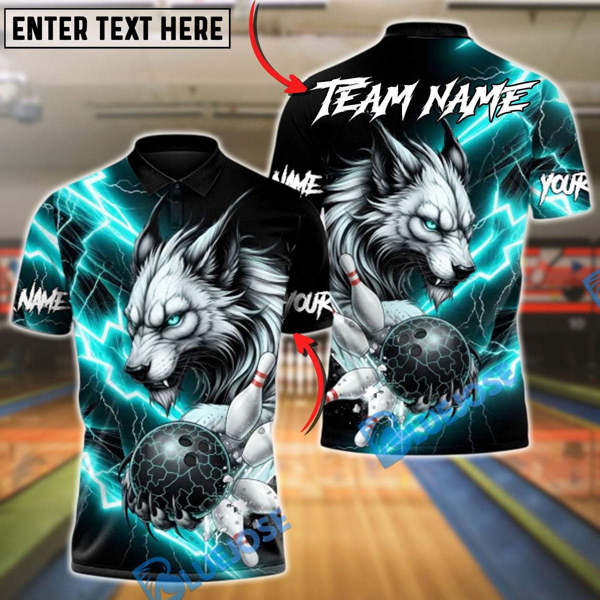 BlueJose Bowling & Pins Inferno Lightning Lynx Wolf Customized Name, Team Name 3D Shirt (4 Colors)