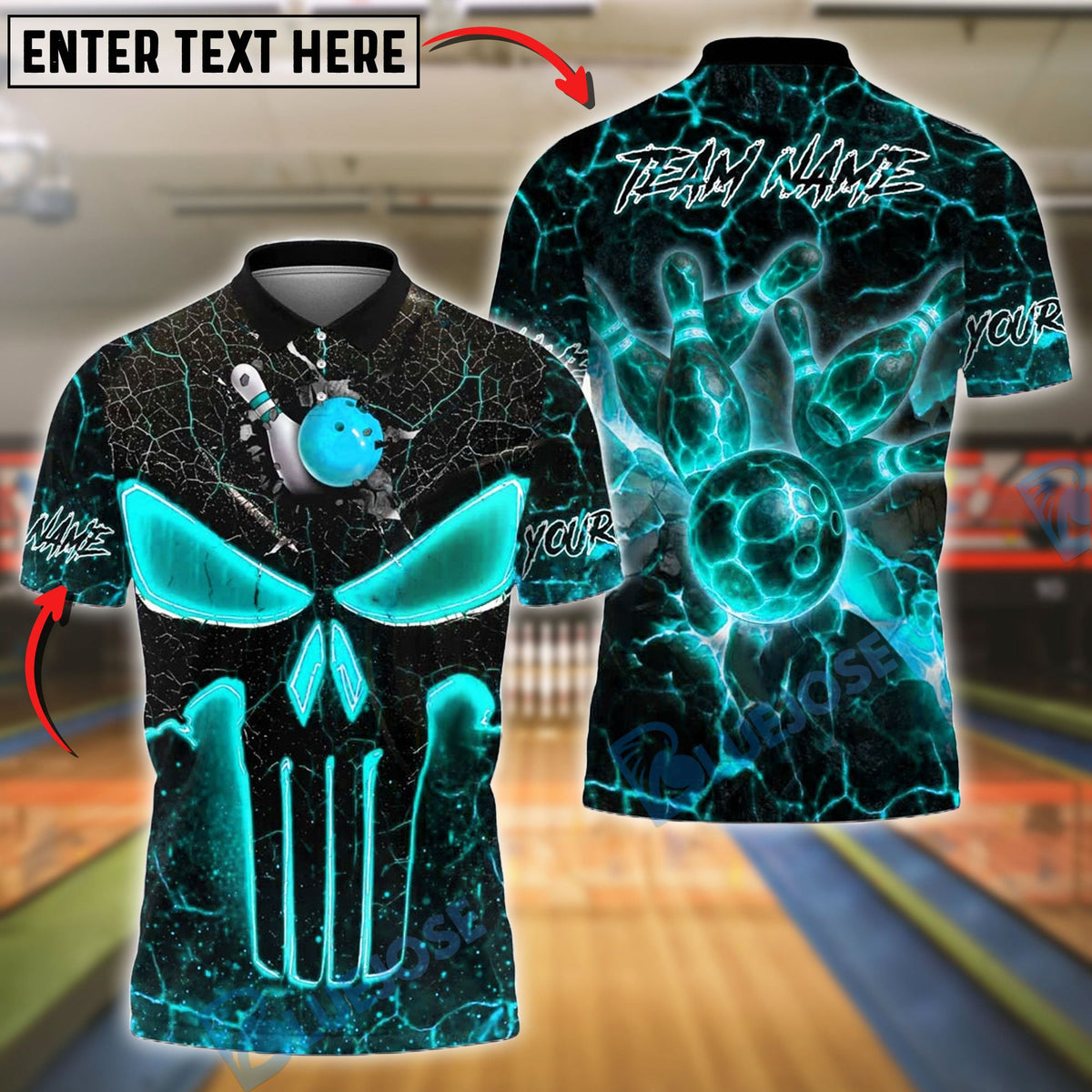 BlueJose Bowling And Pins Flaming Punisher Skull Customized Name, Team Name 3D Shirt (4 Colors)