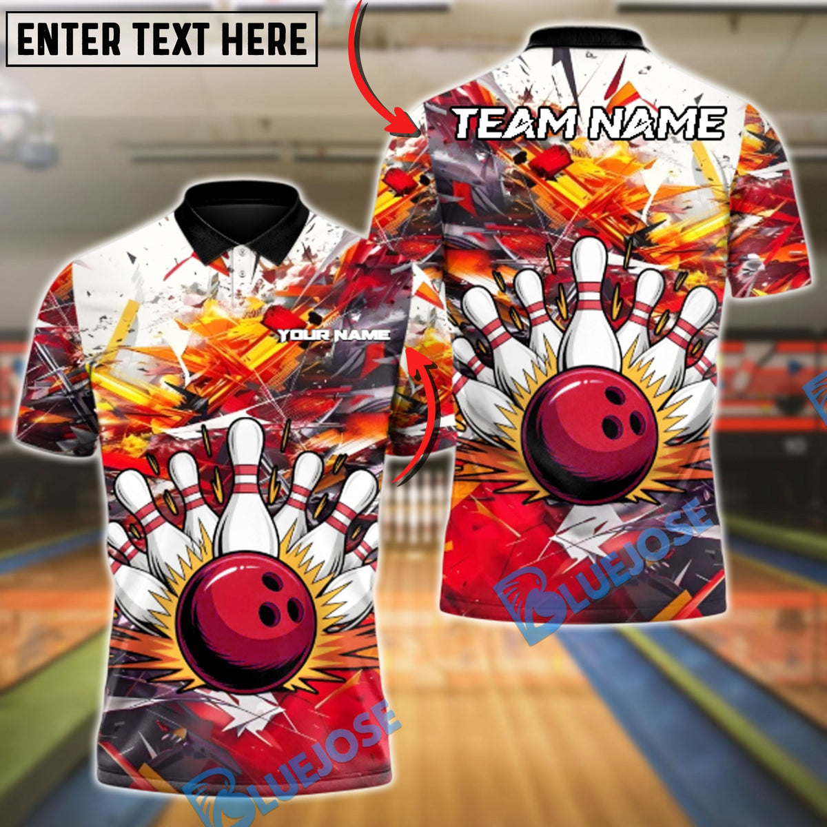 BlueJose Bowling And Pins Paint Blast Customized Name, Team Name 3D Shirt (4 Colors)