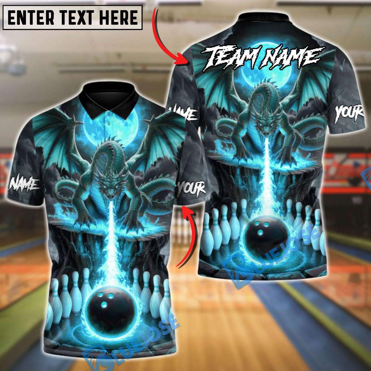 BlueJose Bowling And Pins Dragon Fire Customized Name, Team Name 3D Shirt (4 Colors)