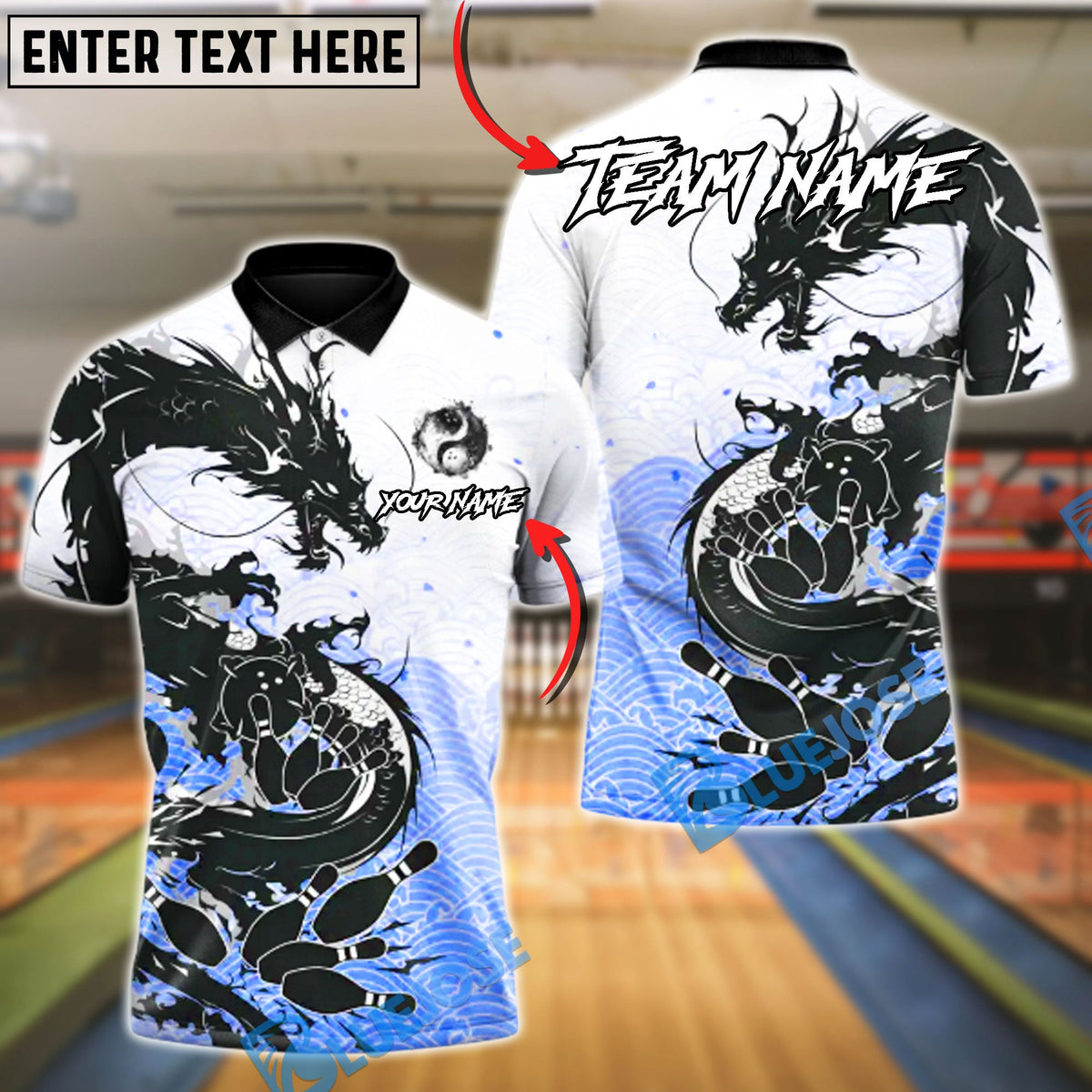 BlueJose Bowling & Pins Shadow Dragon Strike Customized Name, Team Name 3D Shirt (4 Colors)