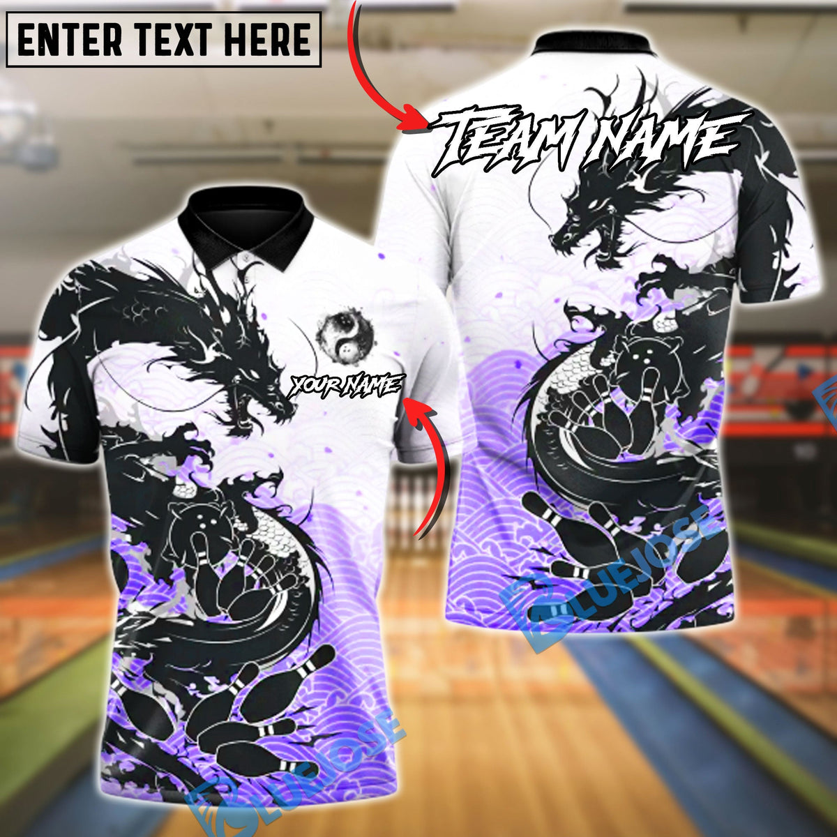 BlueJose Bowling & Pins Shadow Dragon Strike Customized Name, Team Name 3D Shirt (4 Colors)