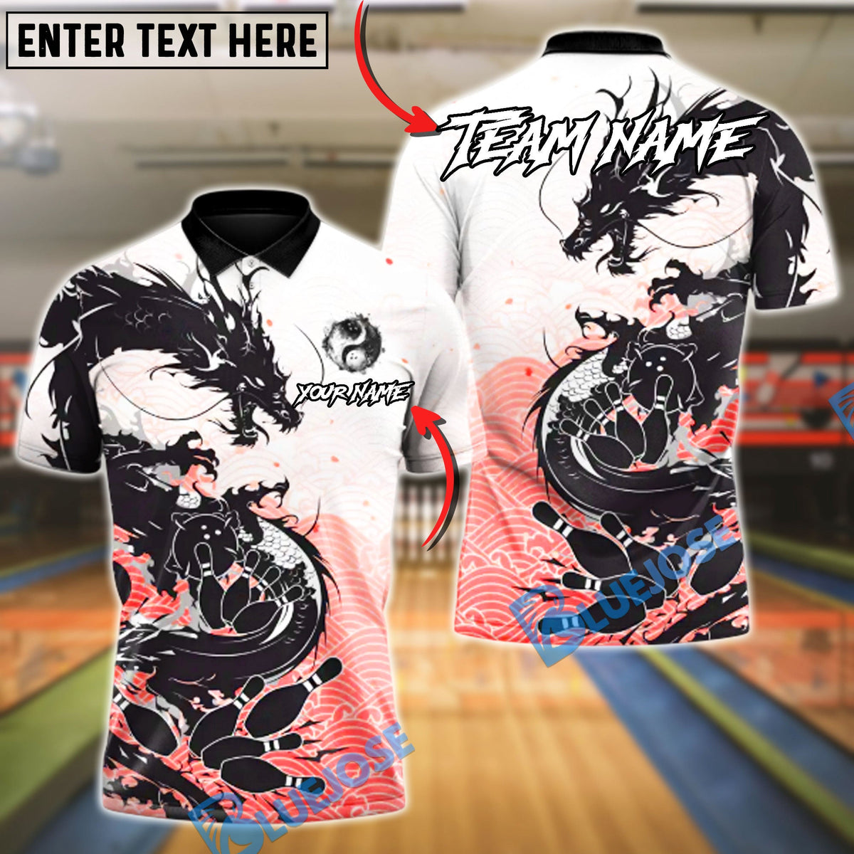 BlueJose Bowling & Pins Shadow Dragon Strike Customized Name, Team Name 3D Shirt (4 Colors)