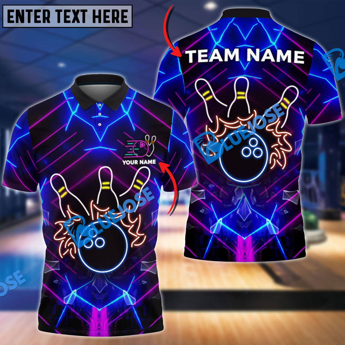 BlueJose Bowling And Pins Neon Light Style Customized Name, Team Name 3D Shirt