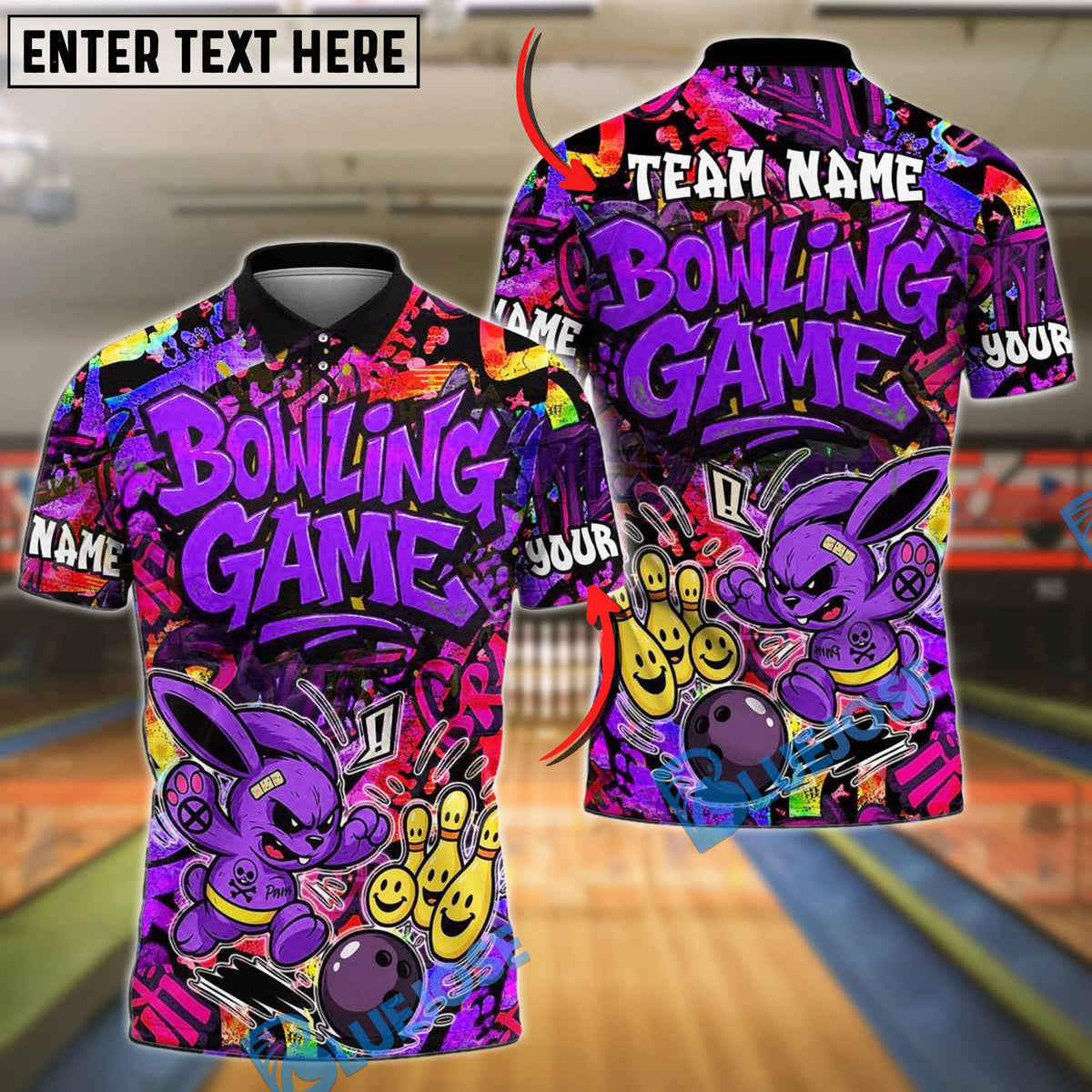 BlueJose Bowling And Pins Graffiti Colorful Bunny Customized Name, Team Name Shirt (4 Colors)