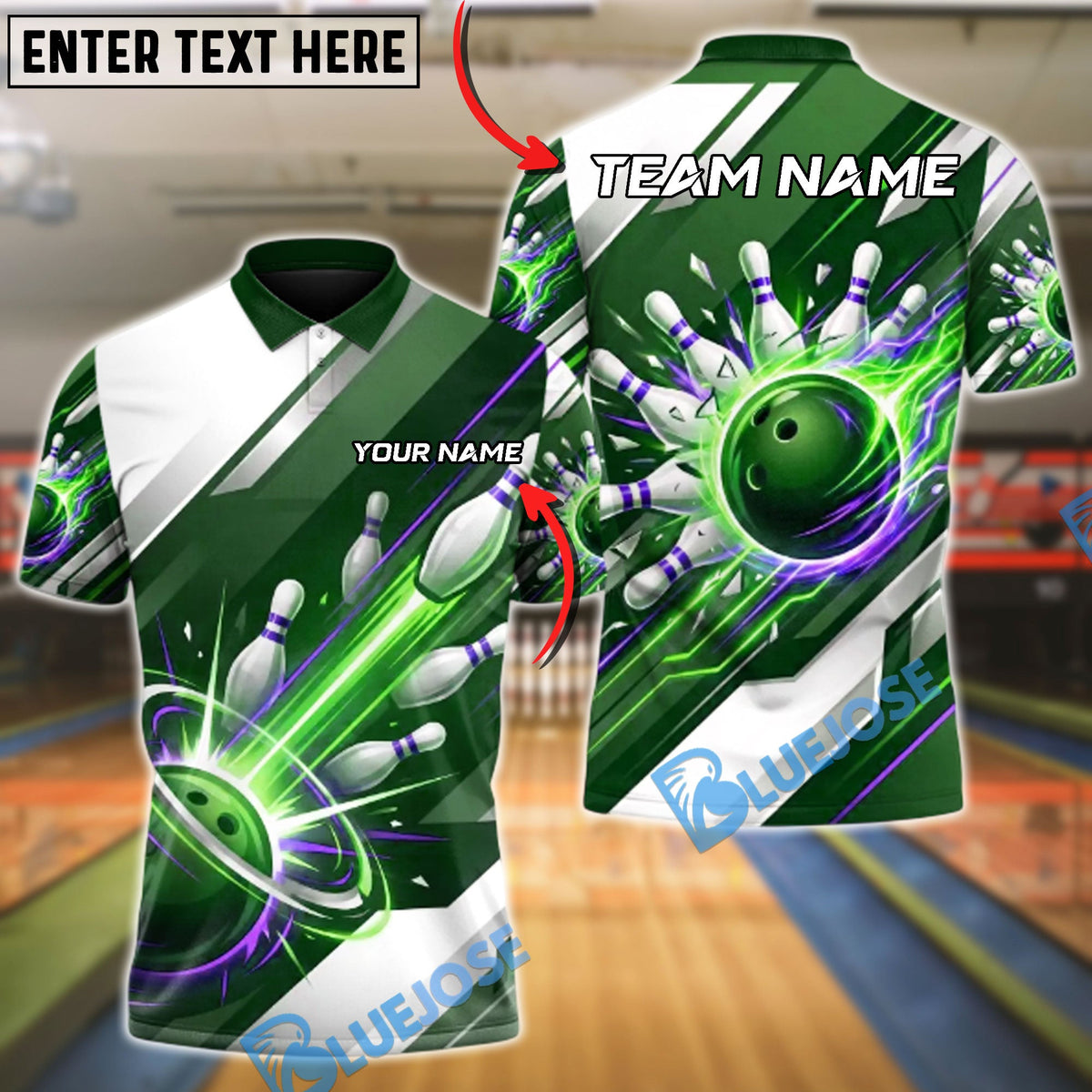 BlueJose Bowling & Pins High-Speed Strike Customized Name, Team Name 3D Shirt (4 Colors)