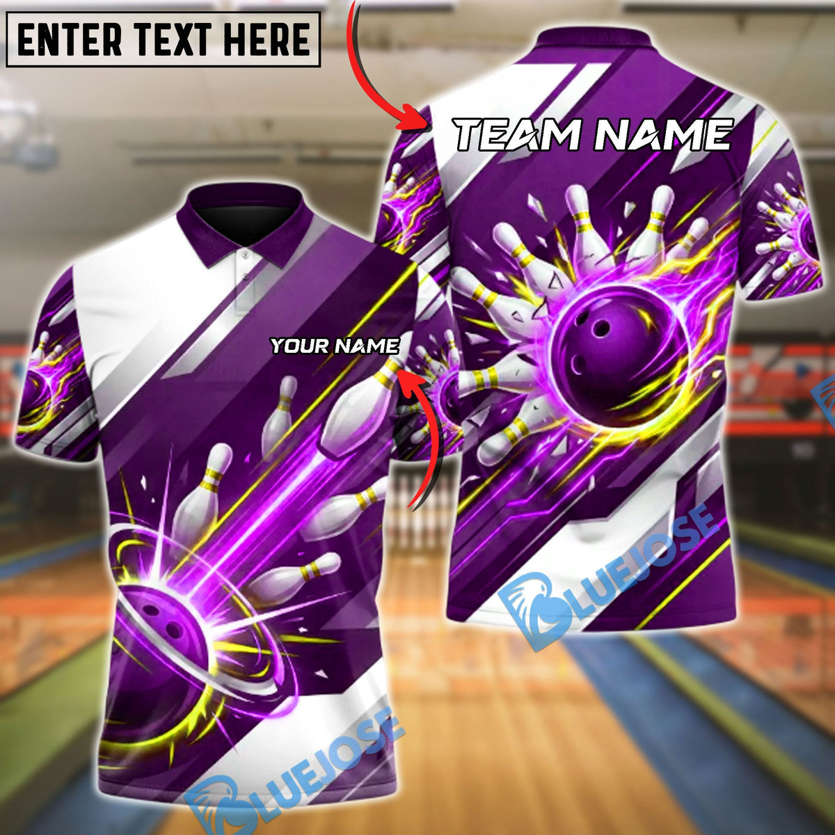 BlueJose Bowling & Pins High-Speed Strike Customized Name, Team Name 3D Shirt (4 Colors)