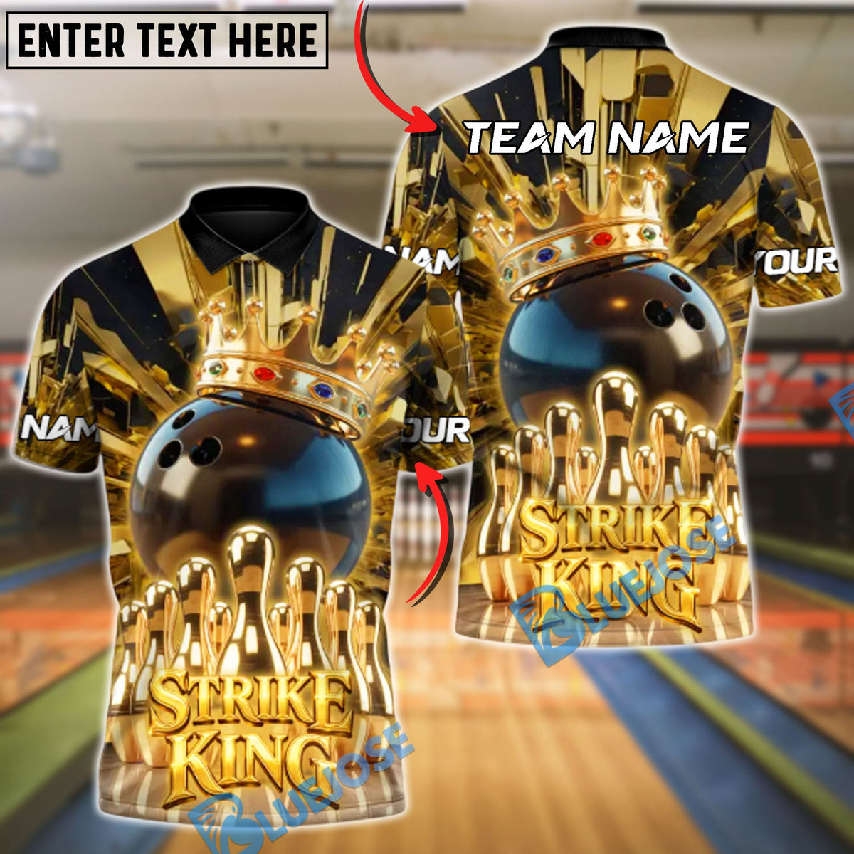 BlueJose Bowling & Pins Golden Strike King Customized Name, Team Name 3D Shirt (6 Colors)