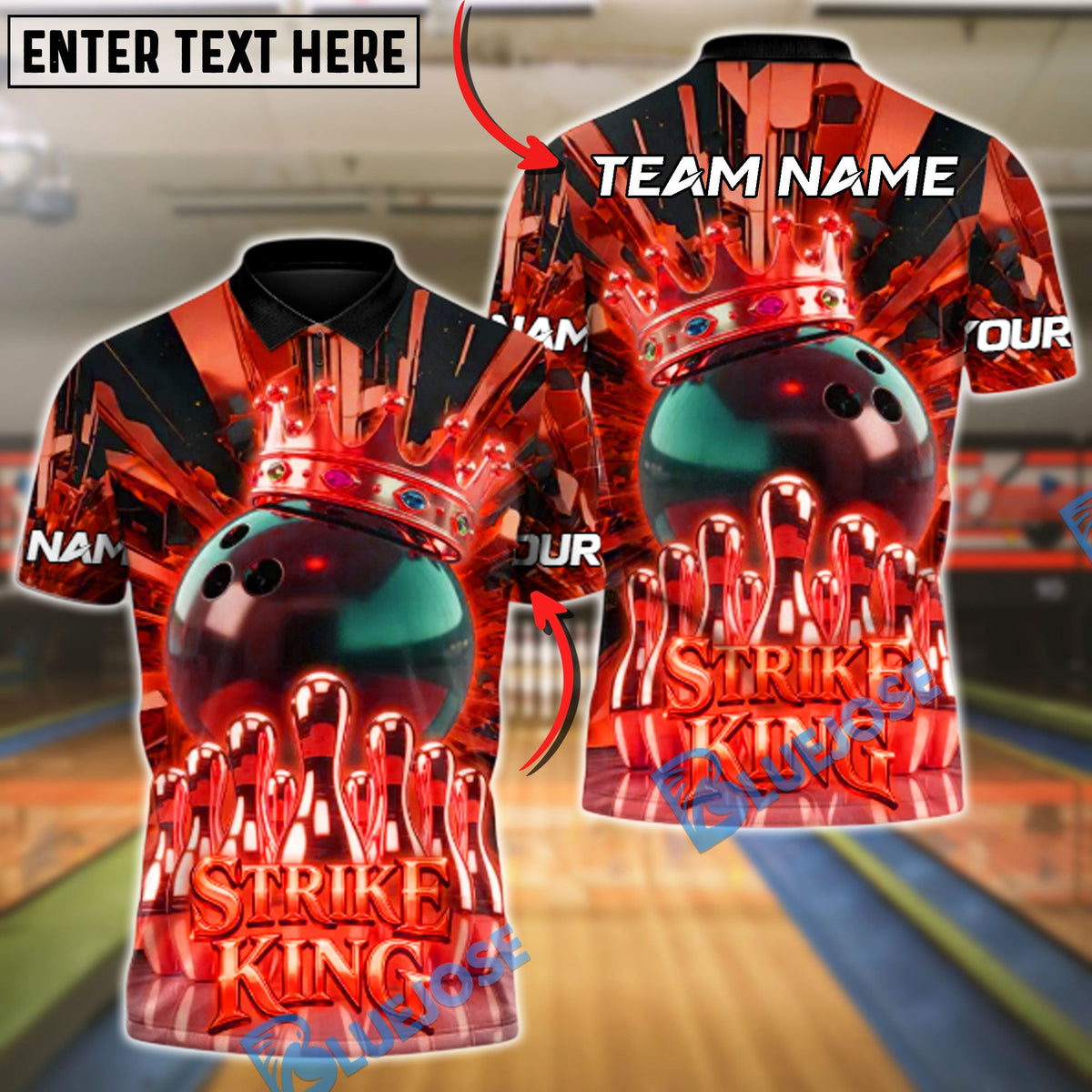 BlueJose Bowling & Pins Golden Strike King Customized Name, Team Name 3D Shirt (6 Colors)