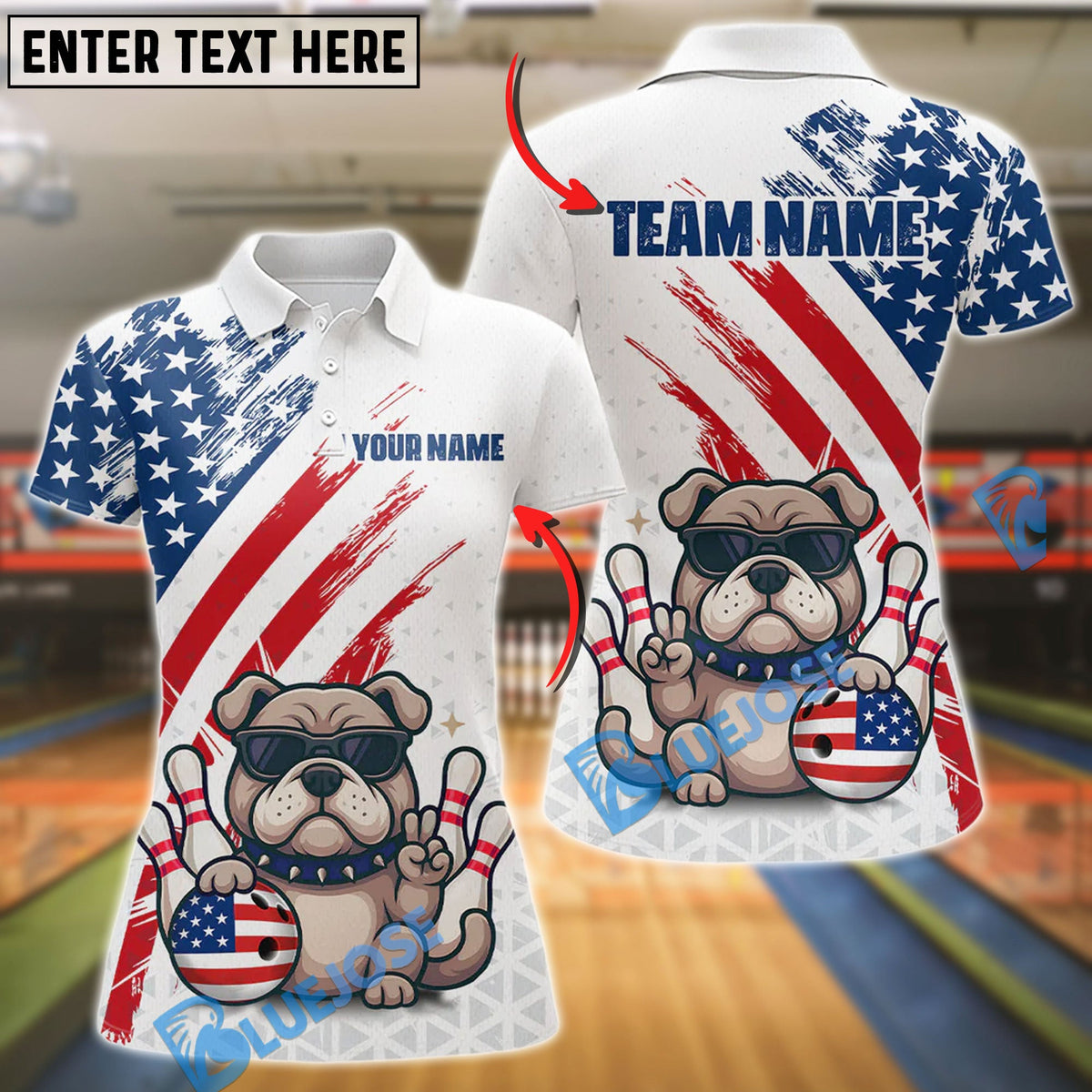 BlueJose Bowling Funny US Flag French Bulldog Personalized Name, Team Name Unisex Shirt